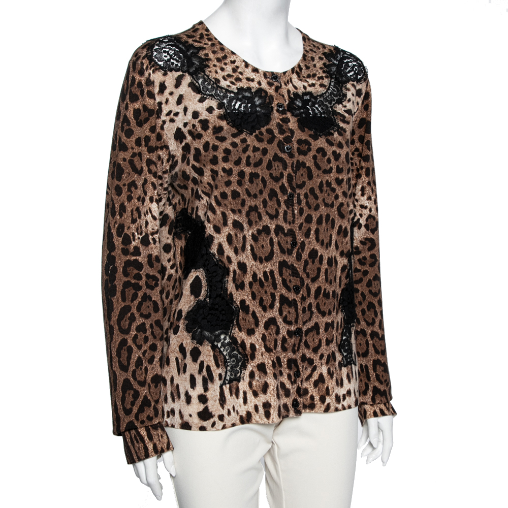 

Dolce & Gabbana Brown Leopard Print Wool Lace Paneled Button Front Cardigan