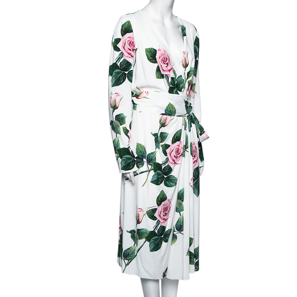 

Dolce & Gabbana White Floral Printed Synthetic Side Pleated Dress