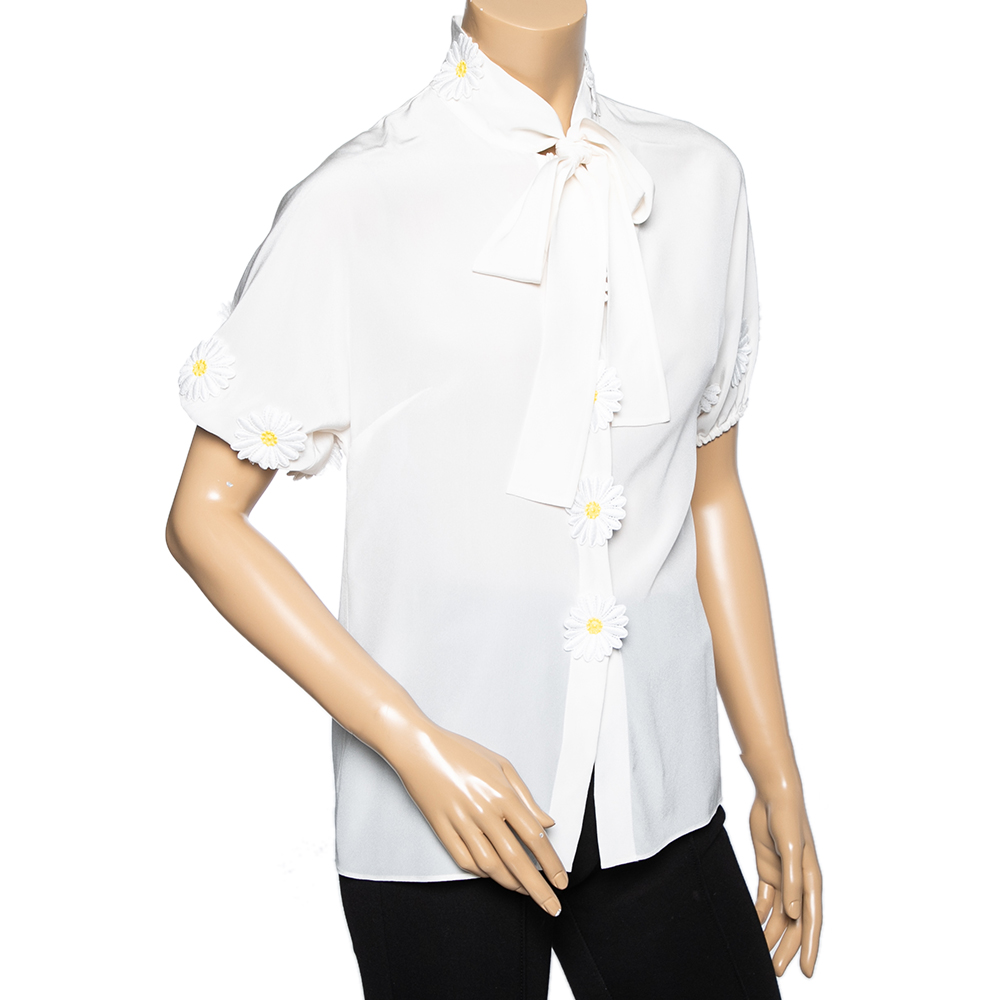 

Dolce & Gabbana White Silk Floral Applique Front Bow Tie Blouse