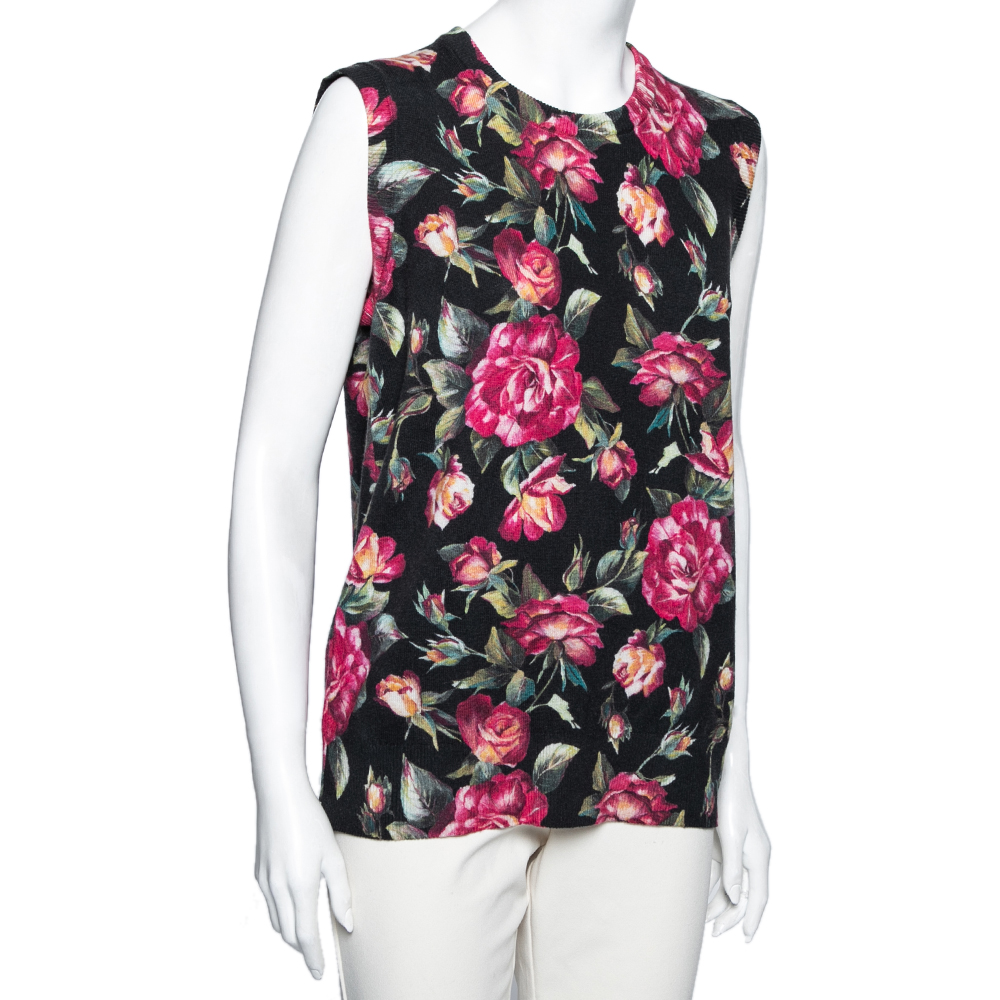 

Dolce & Gabbana Black and Pink Rose Printed Cashmere Crew Neck Sleeveless Top