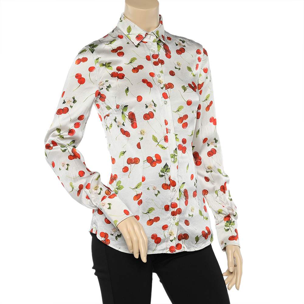 

Dolce & Gabbana White Cherry Printed Silk Satin Button Front Shirt