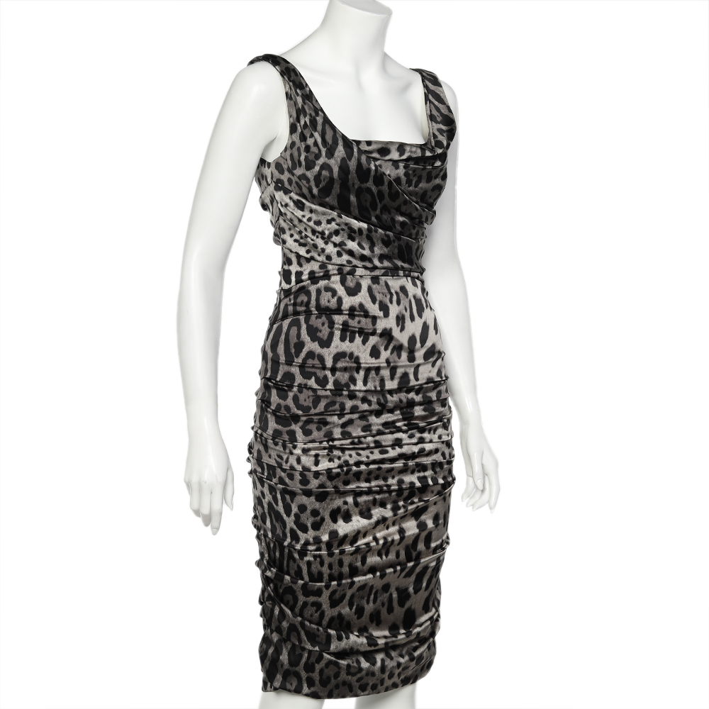 

Dolce & Gabbana Grey Leopard Printed Silk Ruched Dress