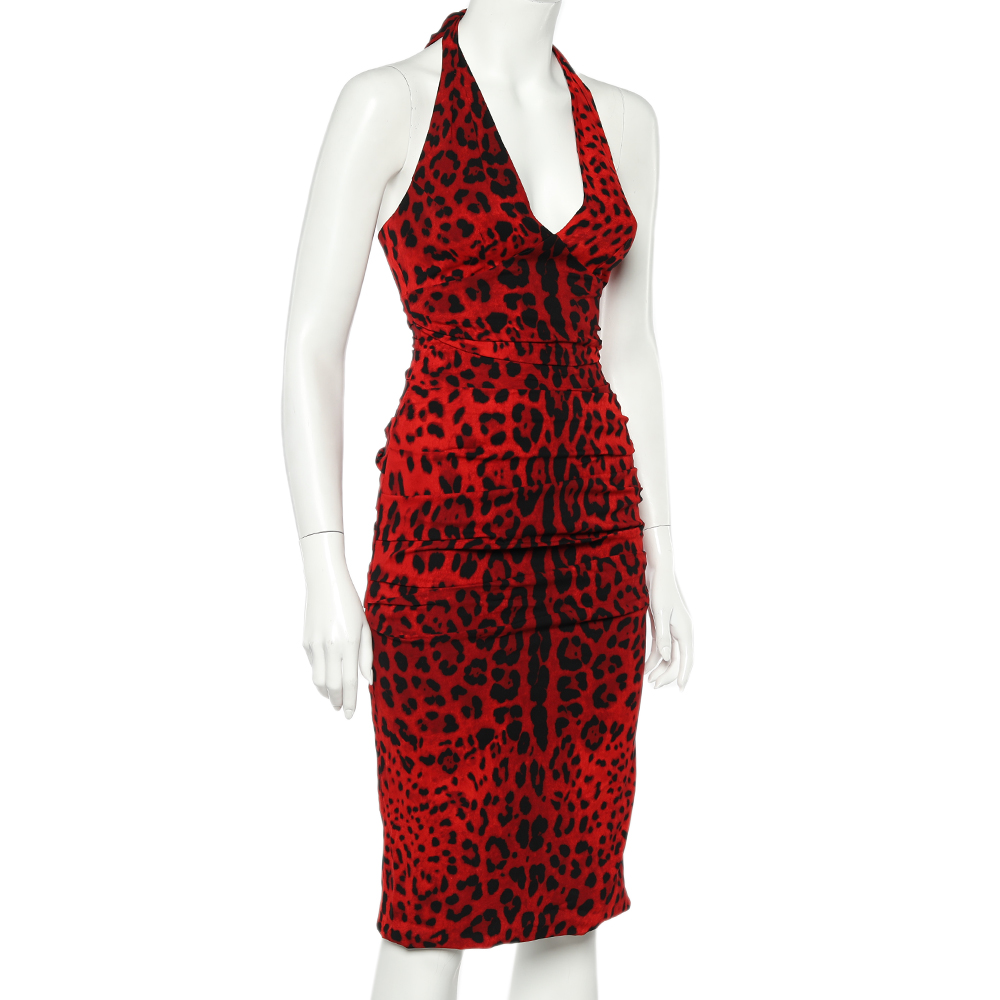 

Dolce & Gabbana Red Leopard Printed Crepe Ruched Halterneck Dress