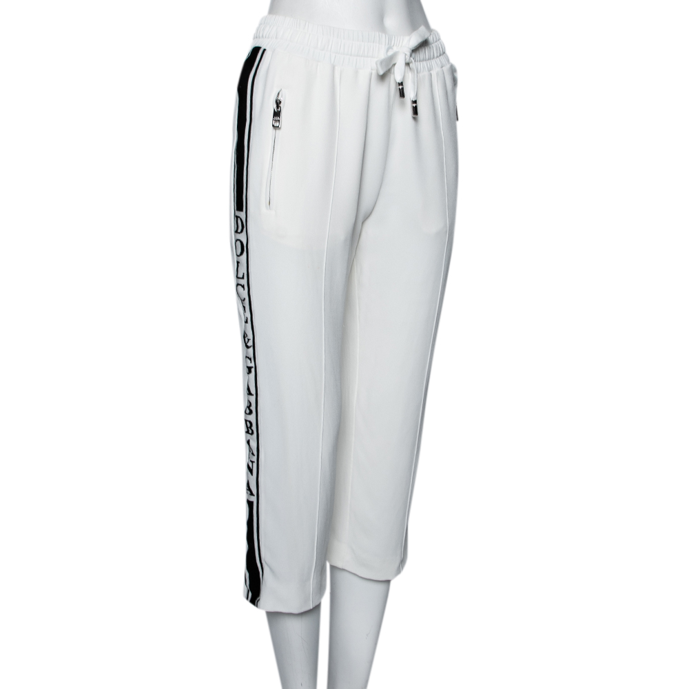 

Dolce & Gabbana White Crepe Logo Tape Trim Cropped Track Pants