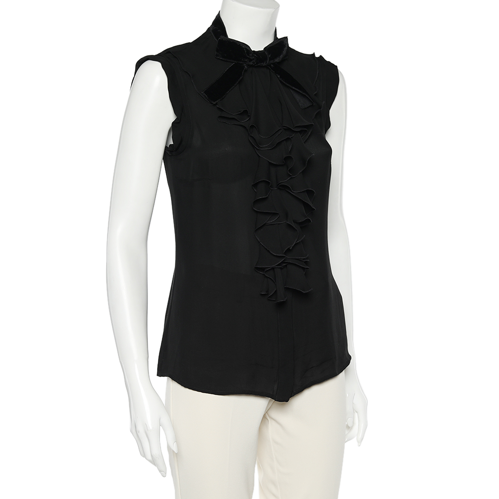 

D&G Black Sheer Silk Ruffled Neck Sleeveless Blouse