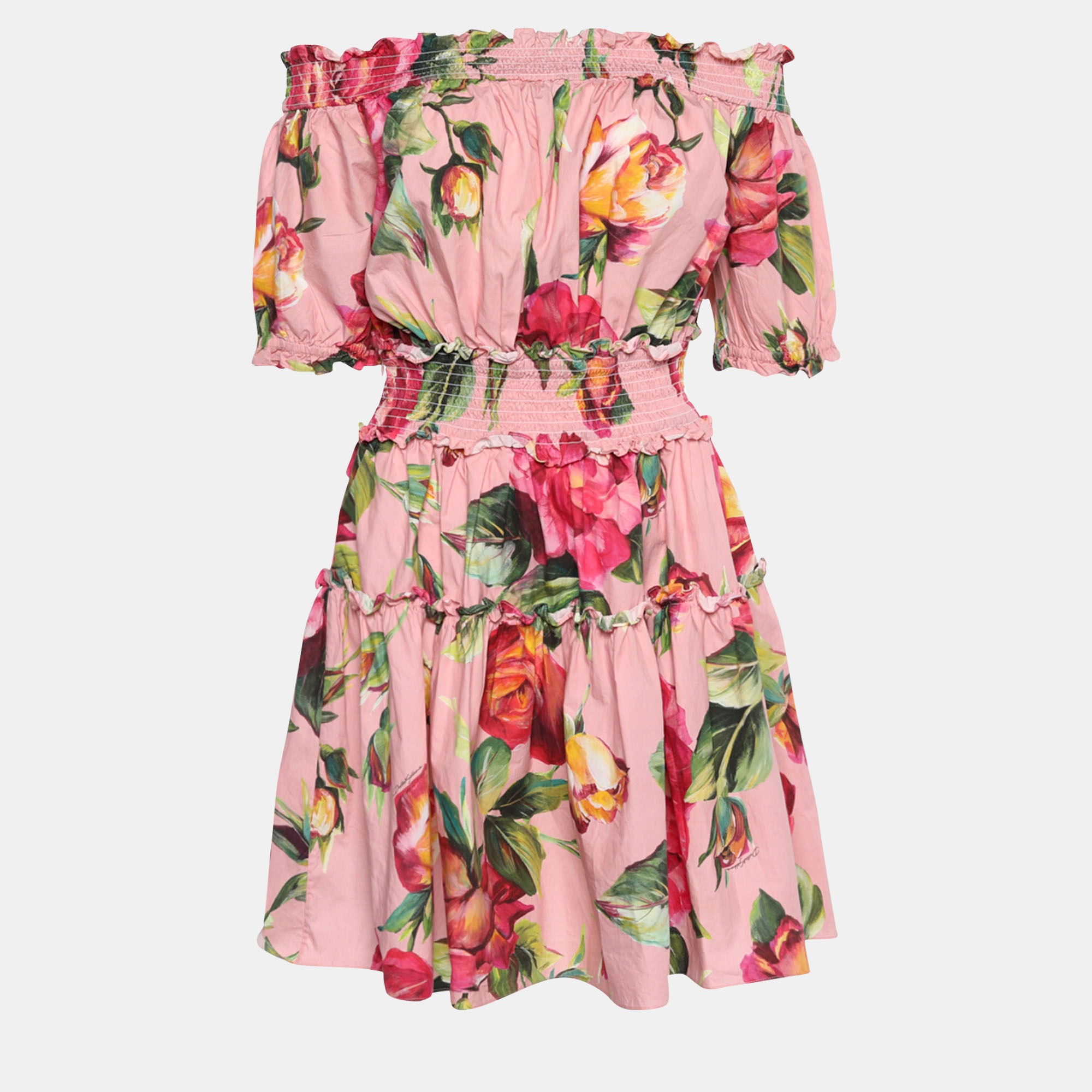 Pre Owned Dolce & Gabbana Pink Floral Print Cotton Off-Shoulder Dress L