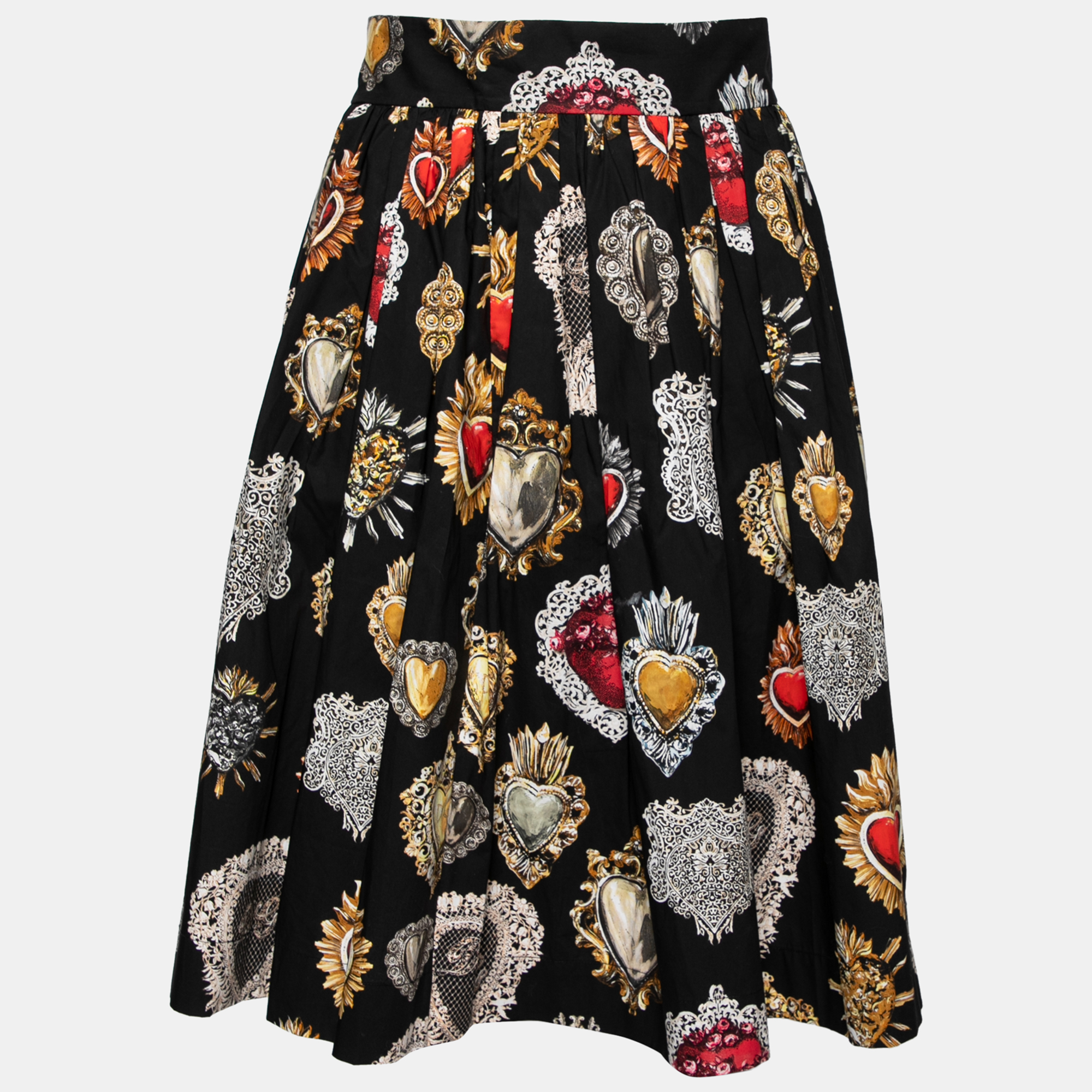 

Dolce & Gabbana Black Sacred Heart Print Cotton Pleated Skirt