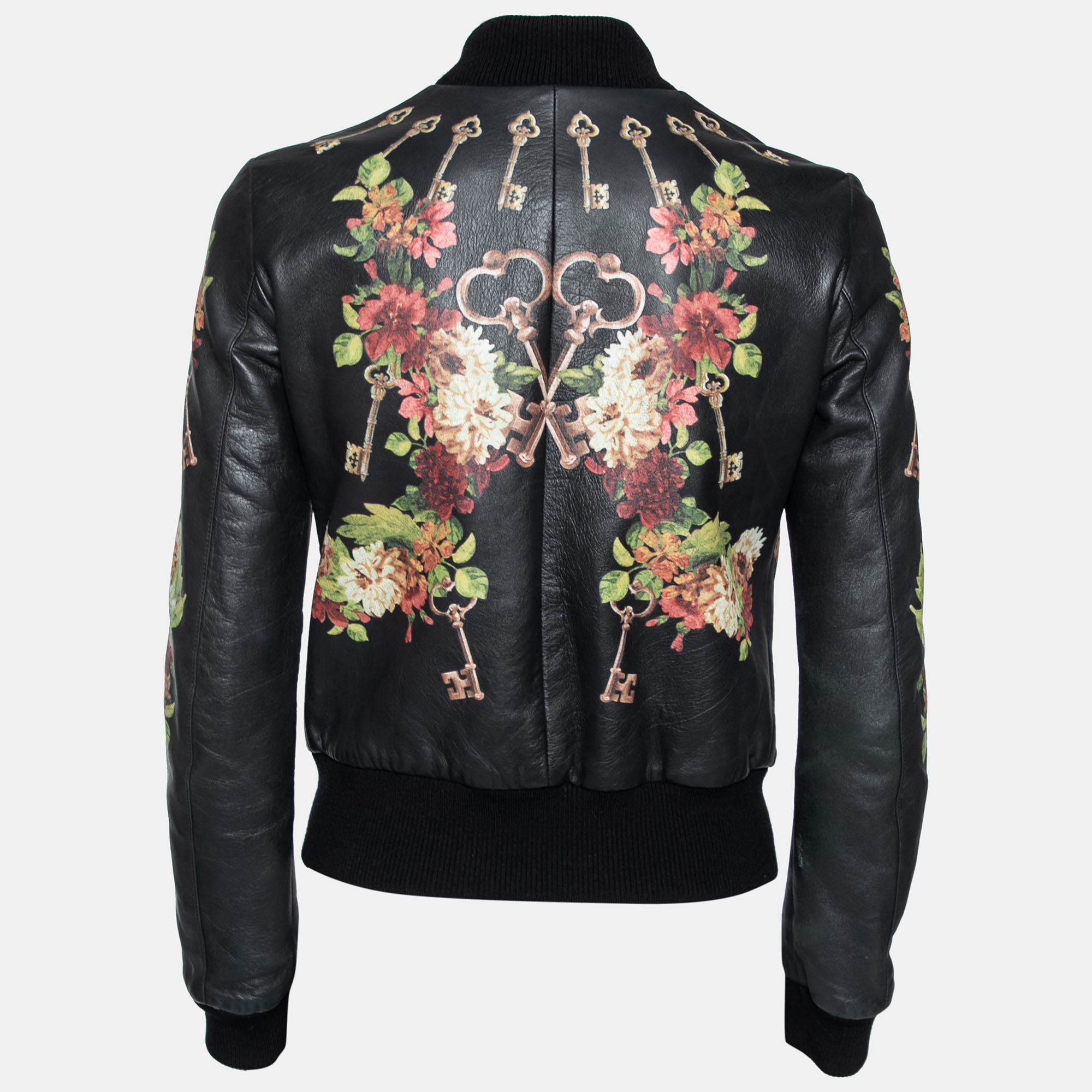 

Dolce & Gabbana Black Floral Printed Leather Bomber Jacket
