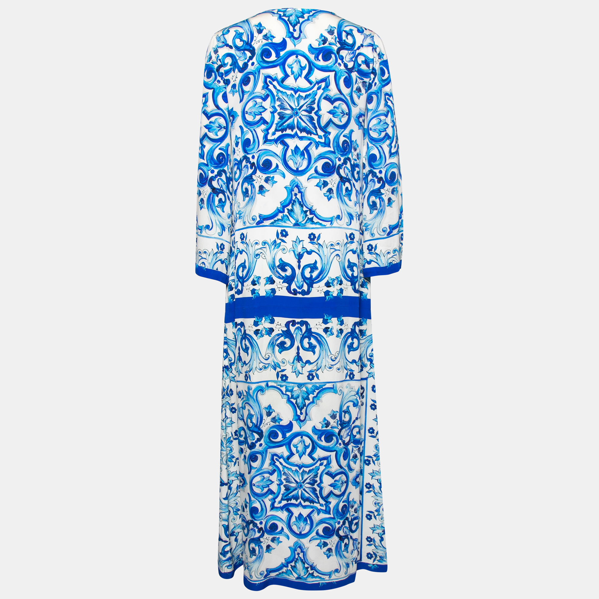 

Dolce & Gabbana Blue and White Majolica Printed Silk Embellished Button Maxi Dress
