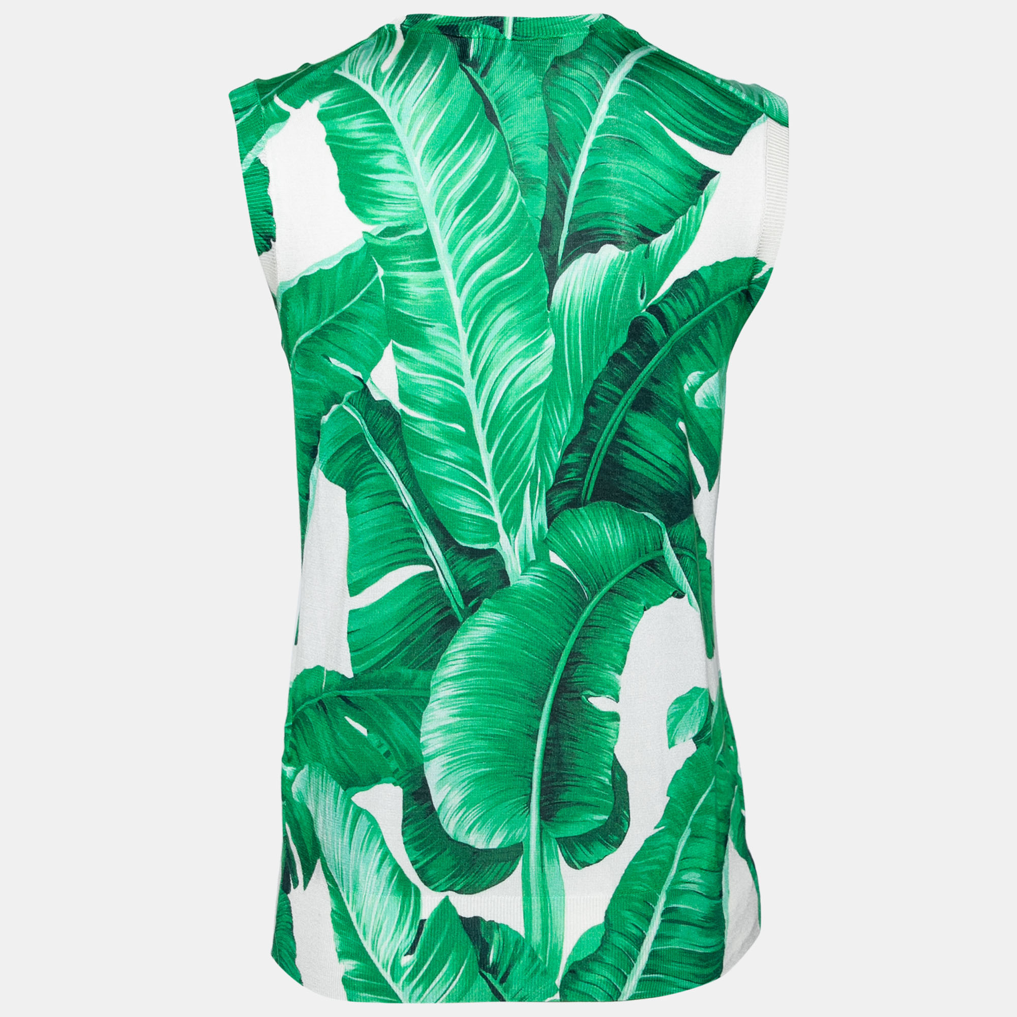 

Dolce & Gabbana Green Leaf Print Silk Knit Sleeveless Sweater