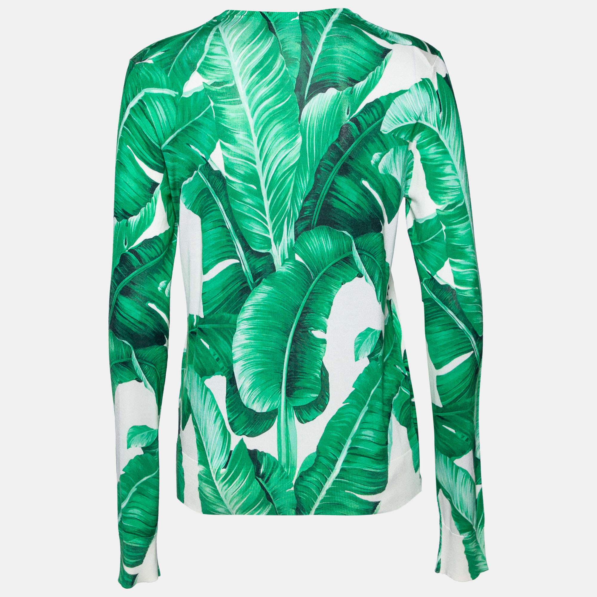 

Dolce & Gabbana Green Leaf Printed Silk Knit Button Front Cardigan