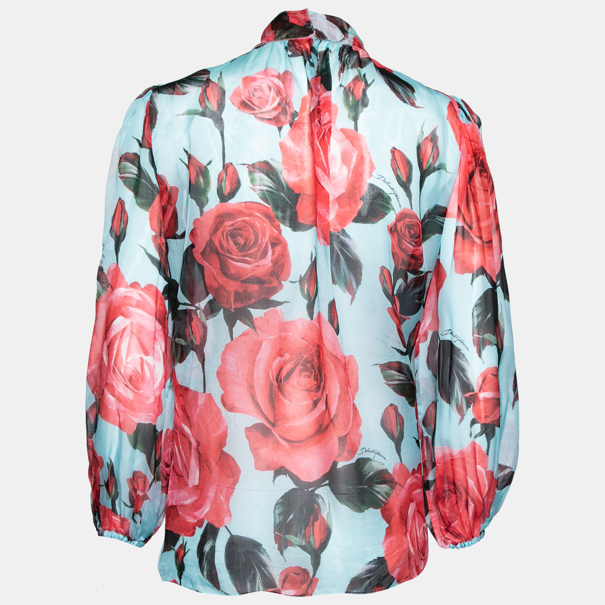 

Dolce & Gabbana Blue and Red Rose Printed Silk Bow Tie Top