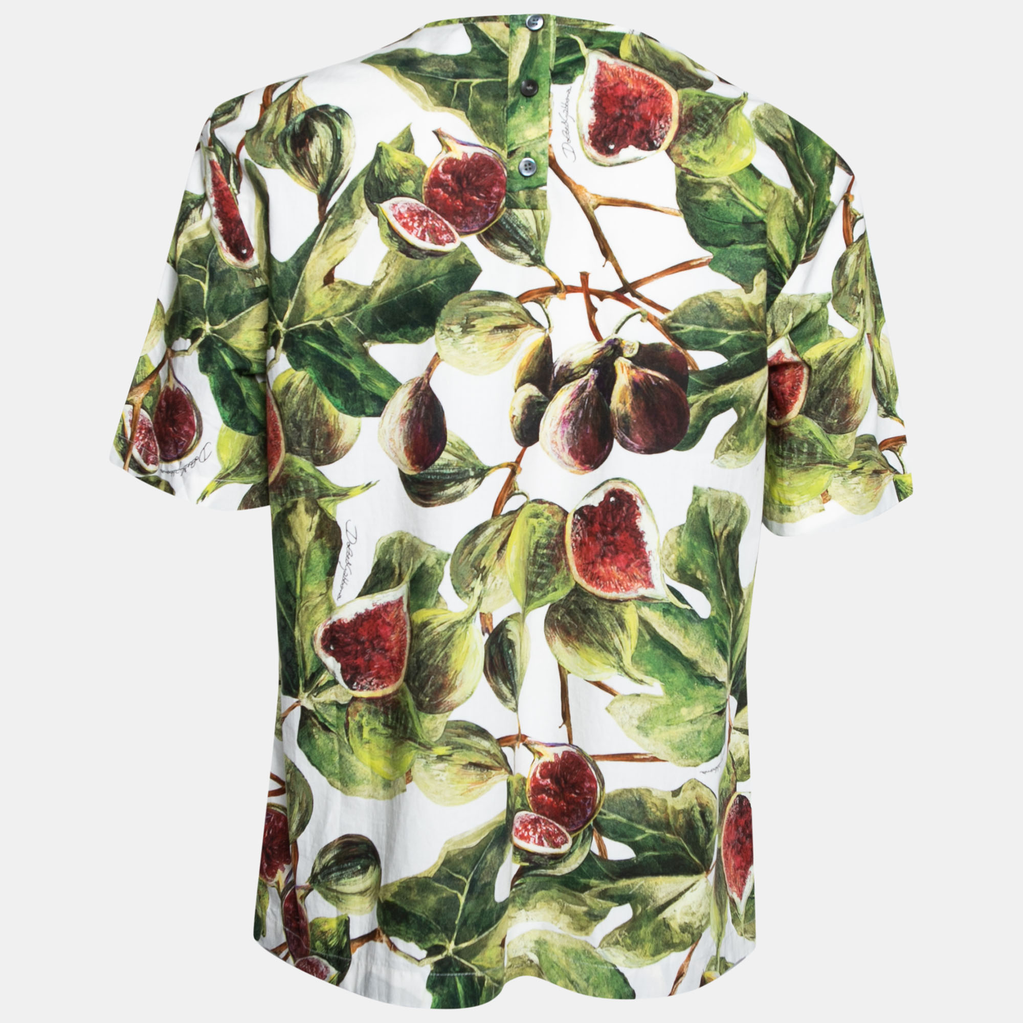 

Dolce & Gabbana White and Green Fig Printed Cotton Crew Neck Top