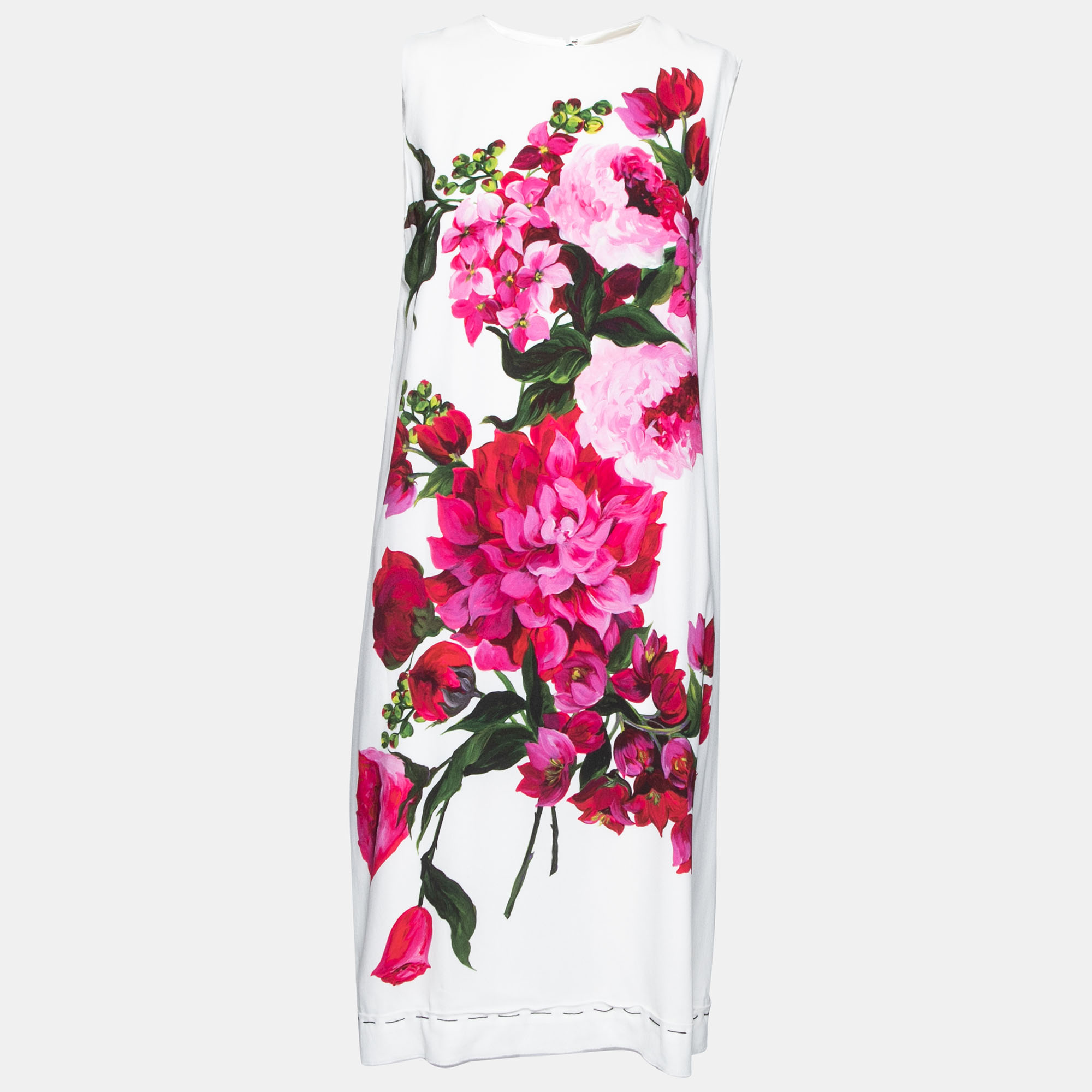 Pre-owned Dolce & Gabbana White Crepe Peony Printed Shift Dress M
