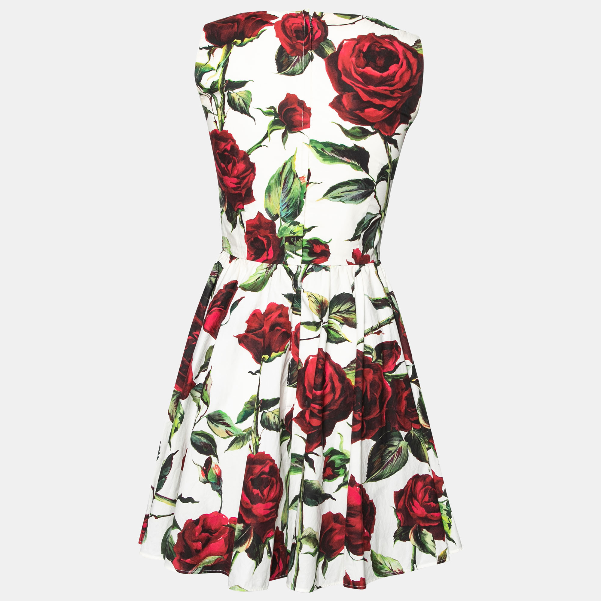 

Dolce & Gabbana White and Red Rose Printed Pleated Sleeveless Dress