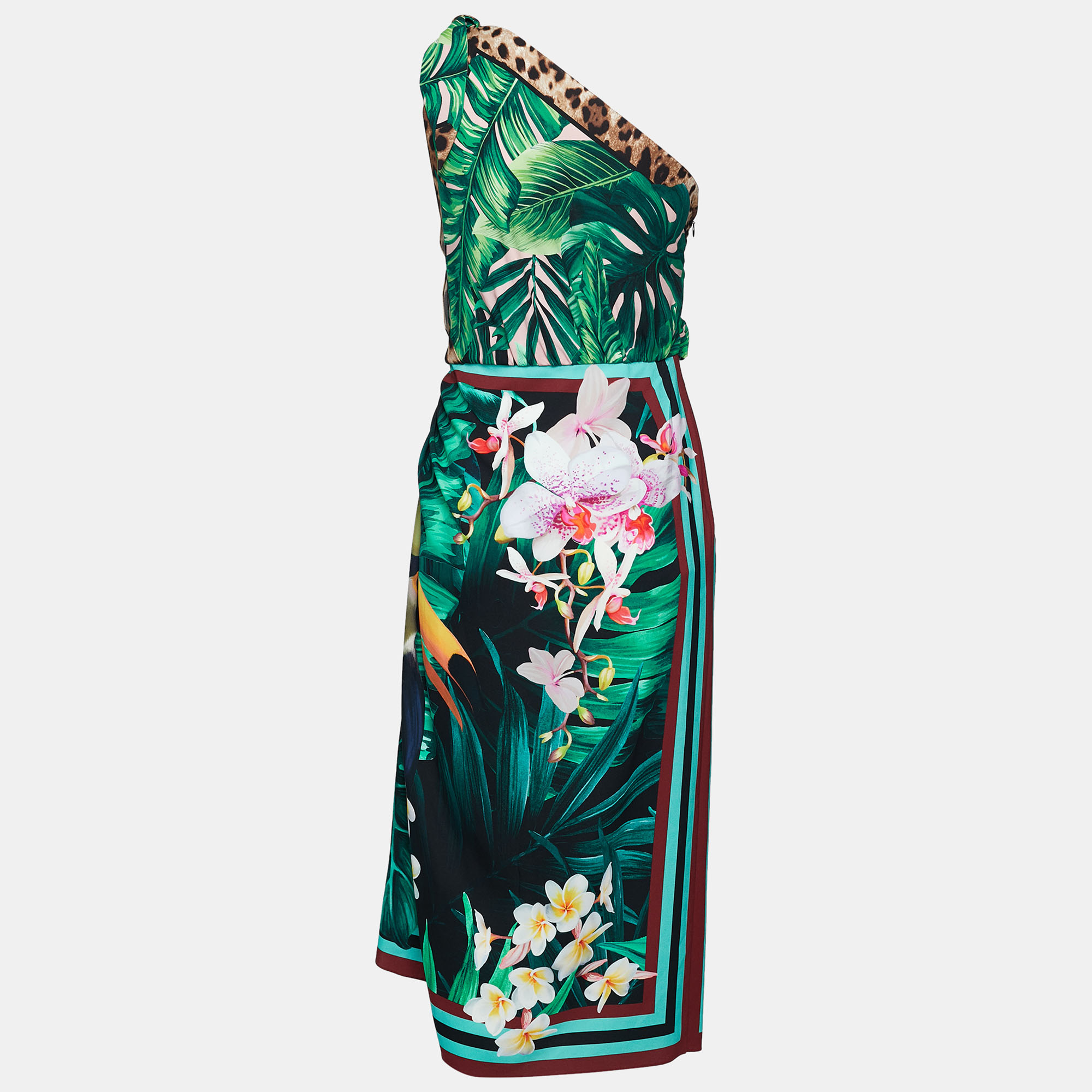 

Dolce & Gabbana Tropical Jungle Printed Silk One Shoulder Knot Tie Dress, Multicolor