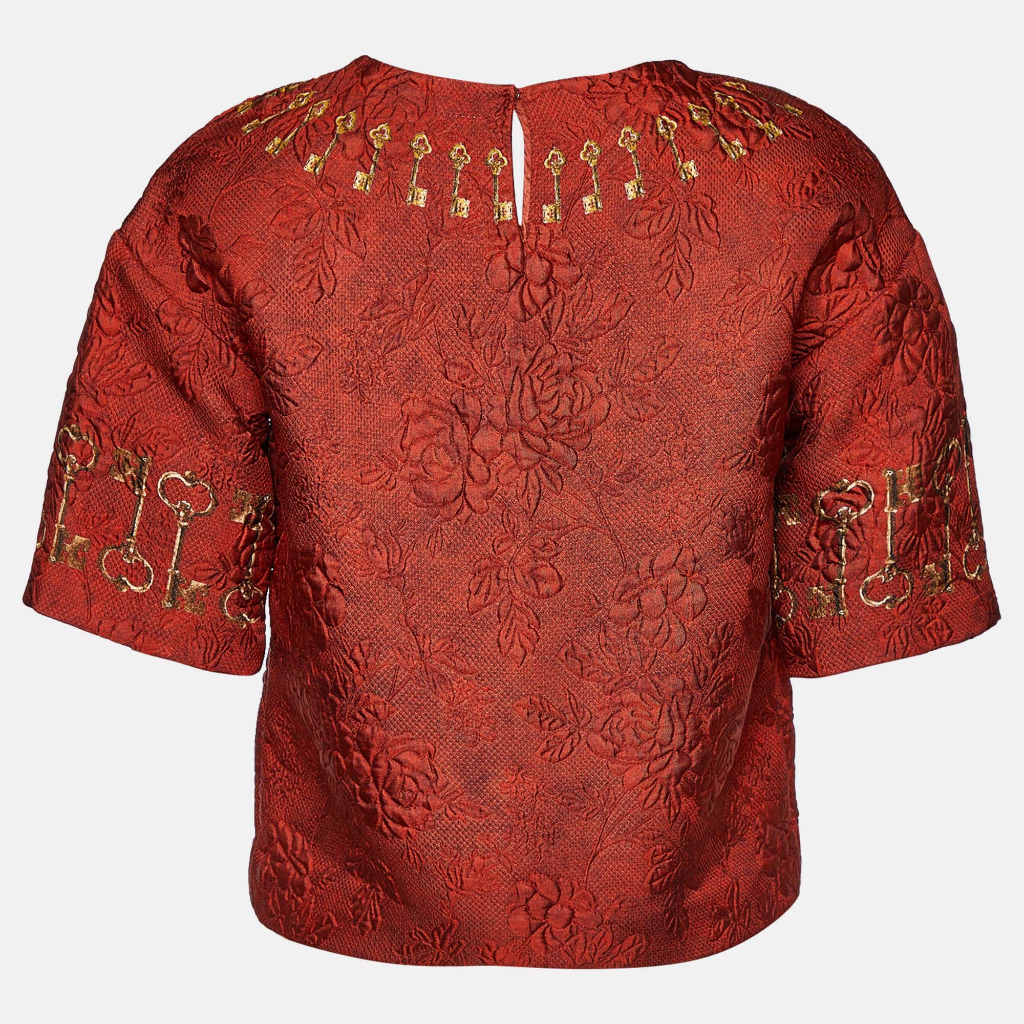 

Dolce & Gabbana Maroon Key & Floral Printed Jacquard Blouse, Red