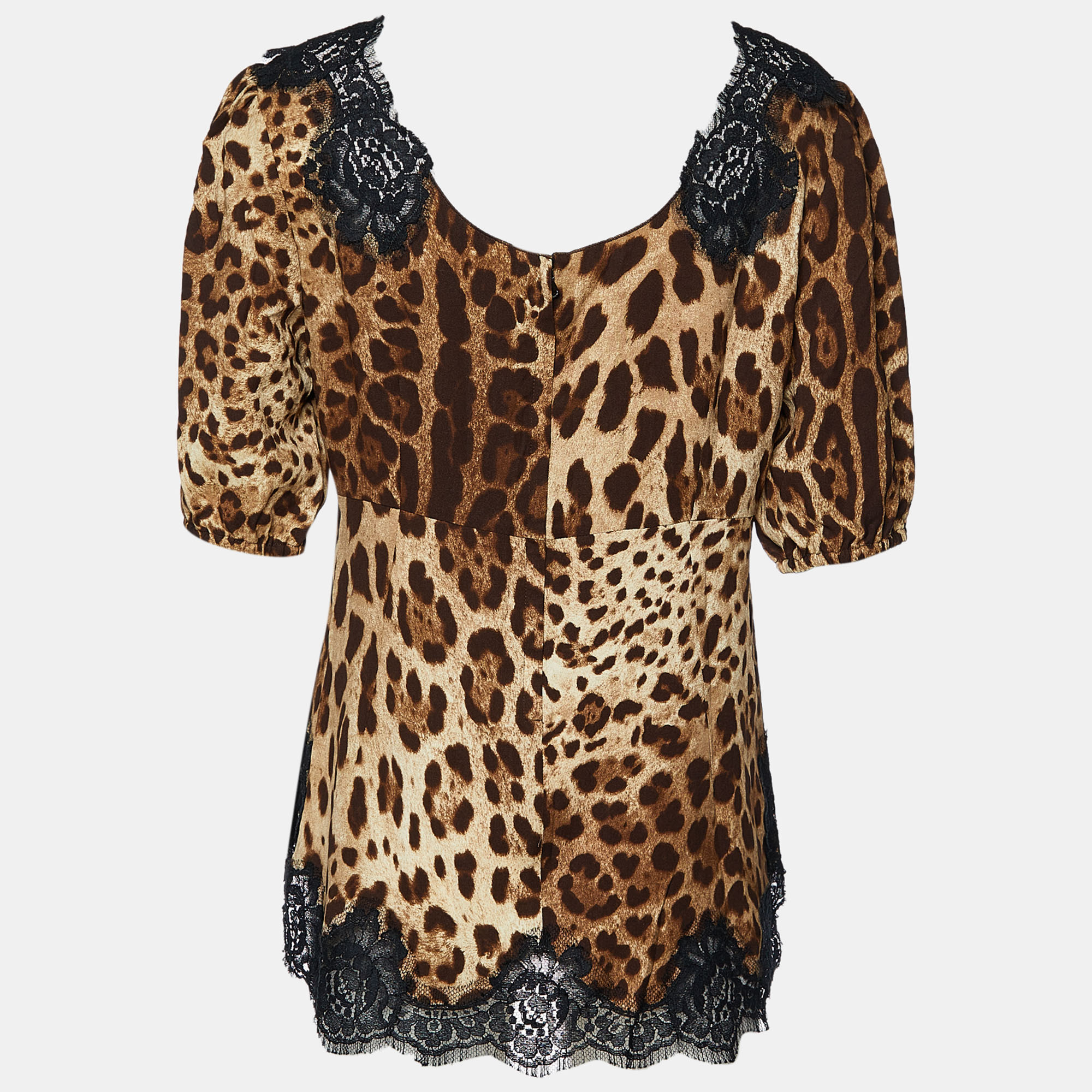 

Dolce & Gabbana Brown Animal Print Silk & Lace Trimmed Blouse
