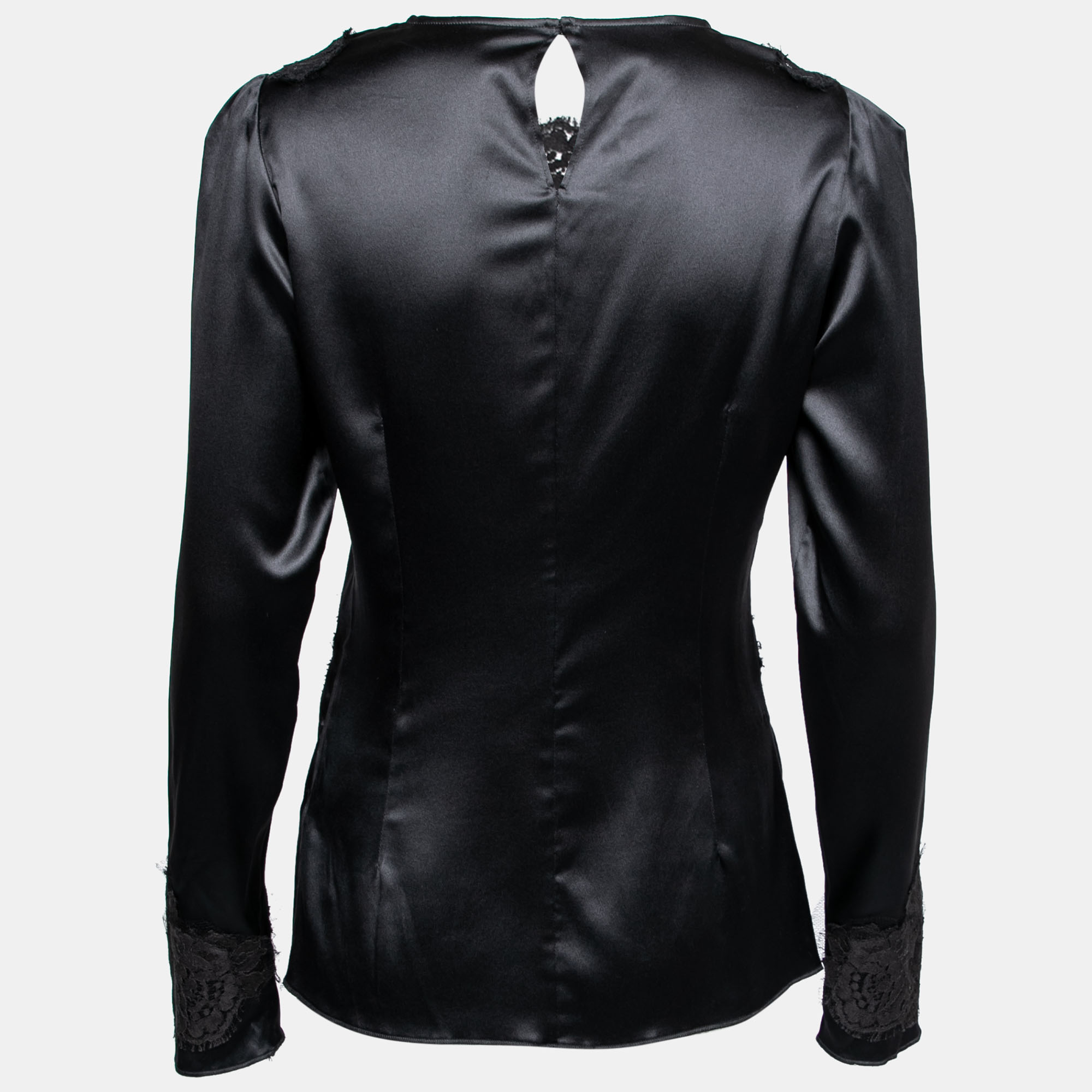 

Dolce & Gabbana Black Satin Silk & Lace Trimmed Long Sleeve Blouse