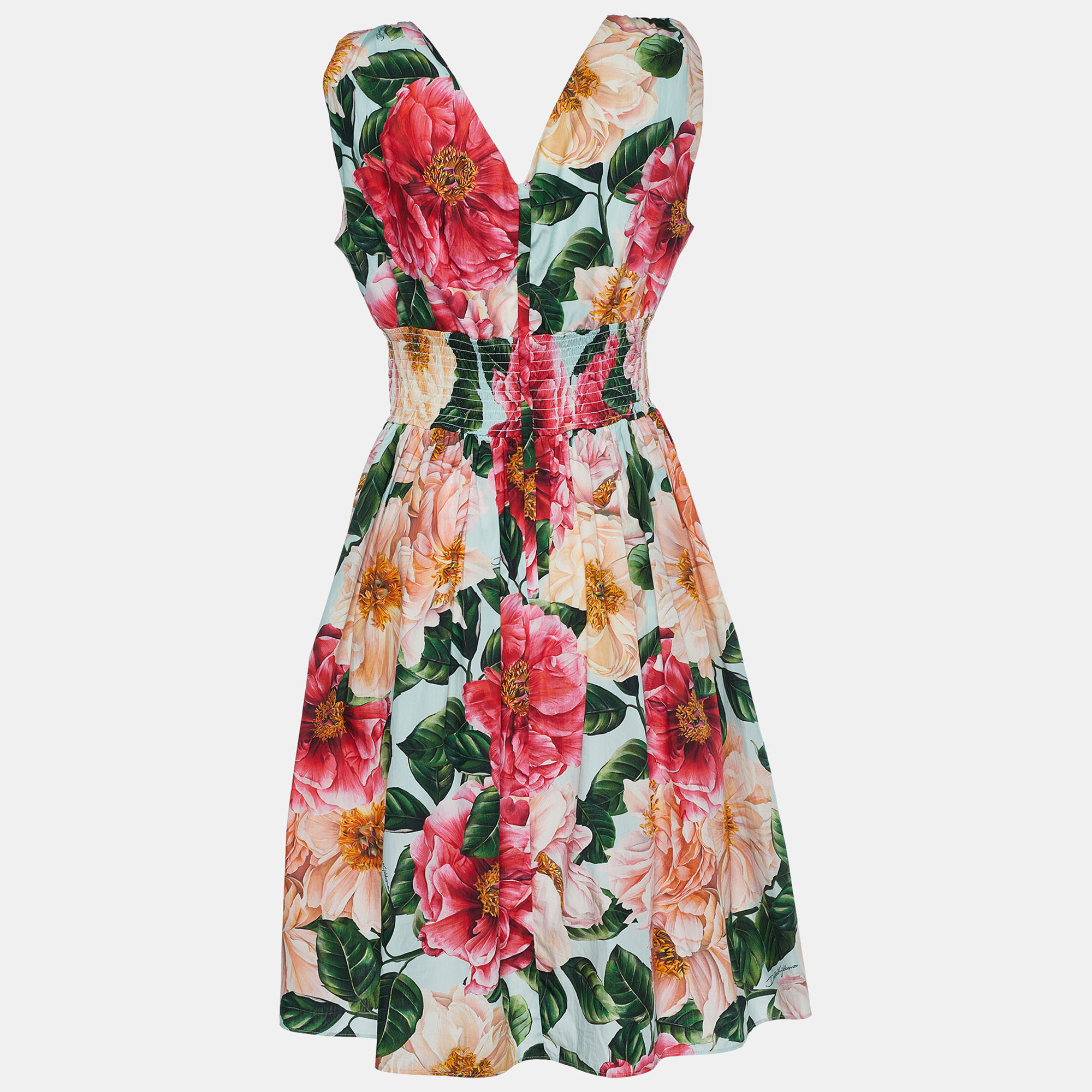 

Dolce & Gabbana Multicolor Floral Printed Cotton V-Neck Dress