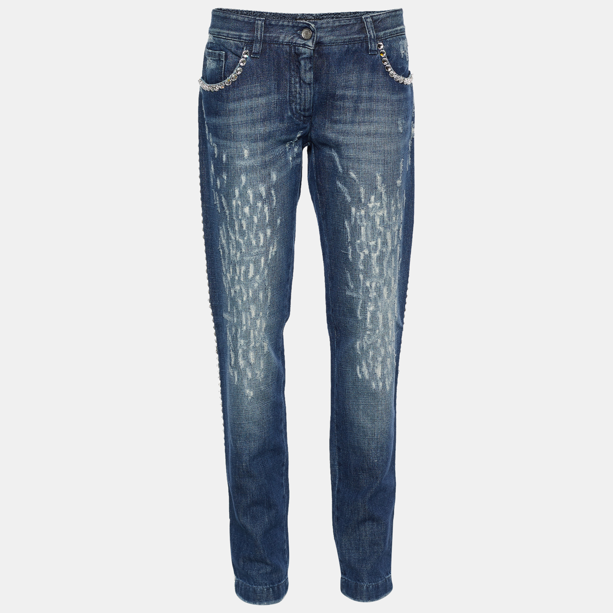 

Dolce & Gabbana Indigo Faded Effect Denim Embellished Distressed Jeans Waist 32", Blue