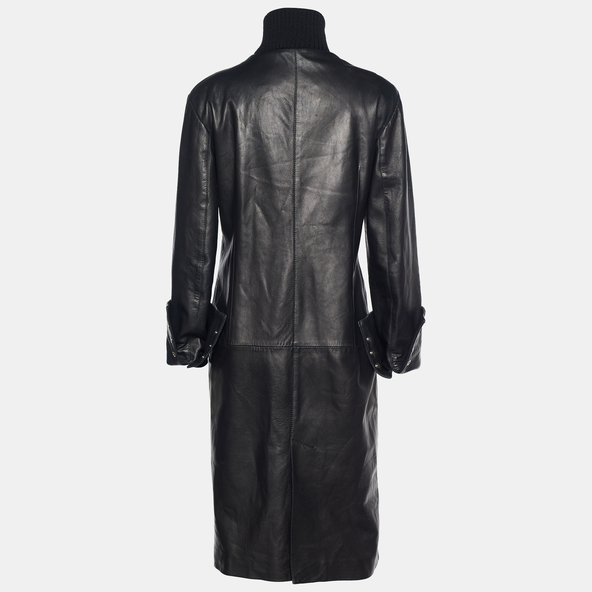 

Dolce & Gabbana Vintage Black Leather RIbbed Collar Long Coat