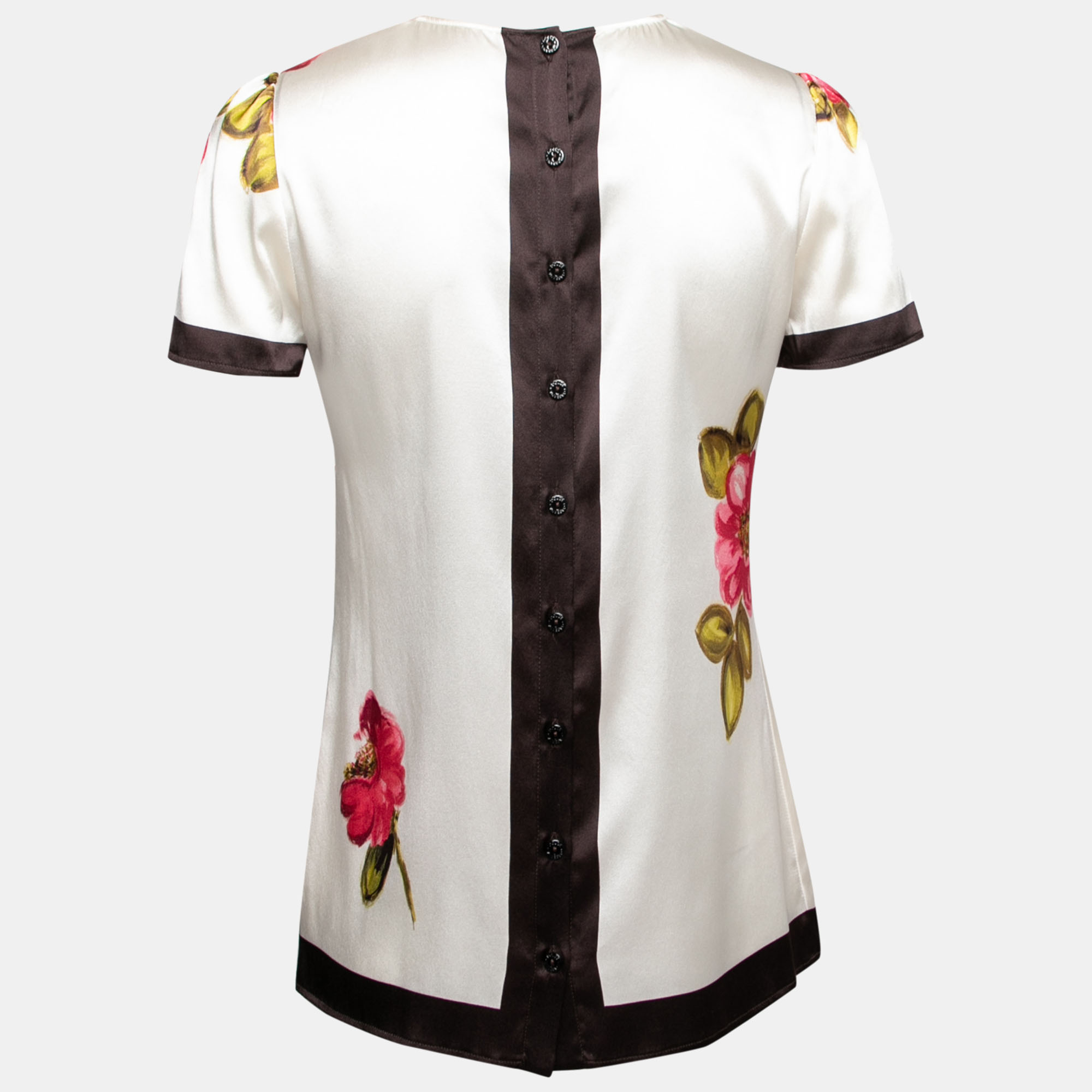 

Dolce & Gabbana White Floral Printed Stretch Silk Short Sleeve Top