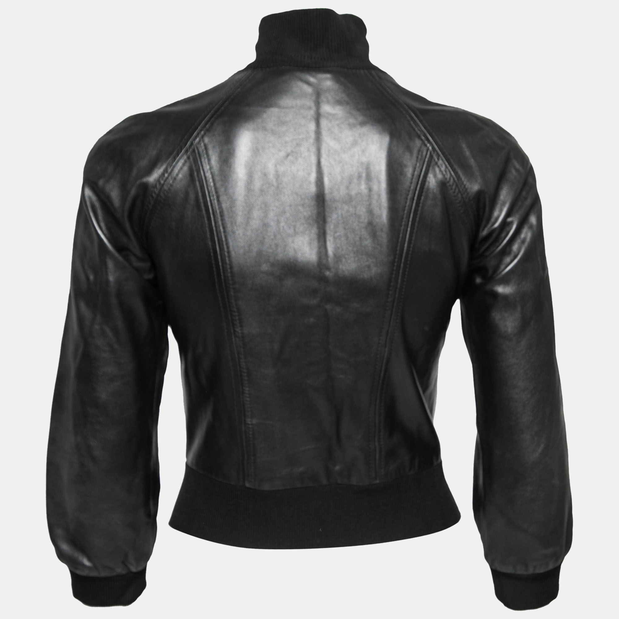 

Dolce & Gabbana Black Leather Rib Knit Trimmed Biker Jacket