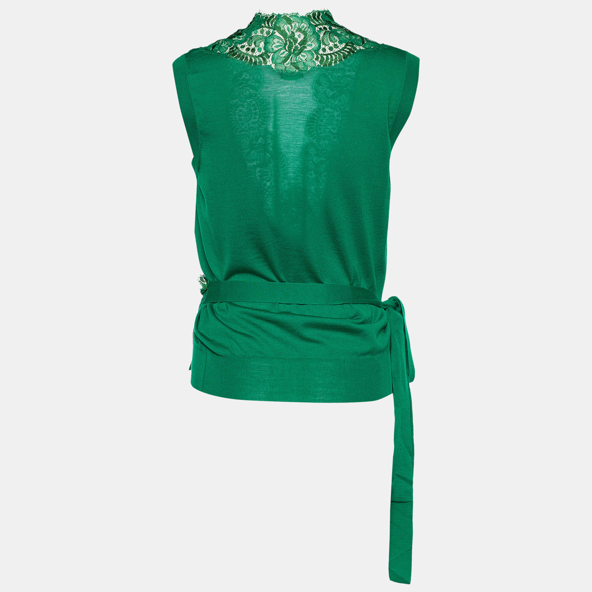 

Dolce & Gabbana Green Knit & Lace Trimmed Sleeveless Wrap Cardigan