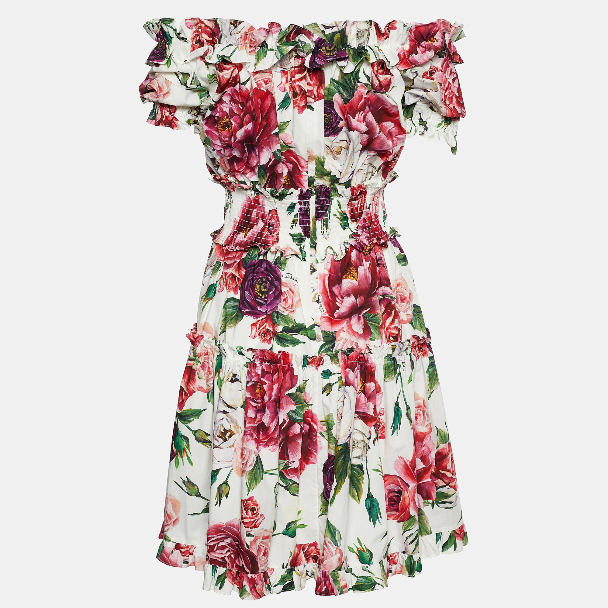 

Dolce & Gabbana White Floral Cotton Off Shoulder Dress