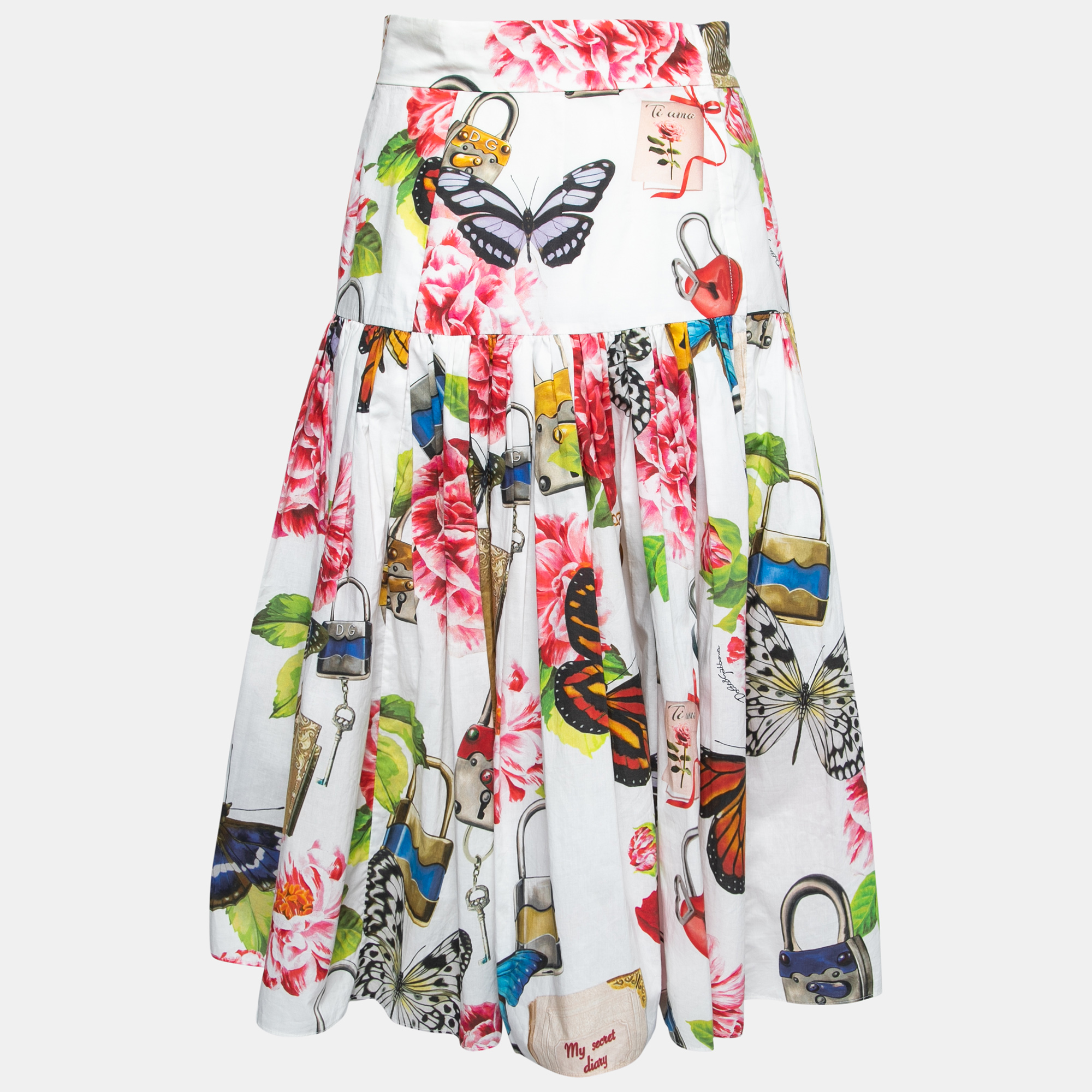 

Dolce & Gabbana White Padlock & Floral Printed Cotton High Waisted Skirt