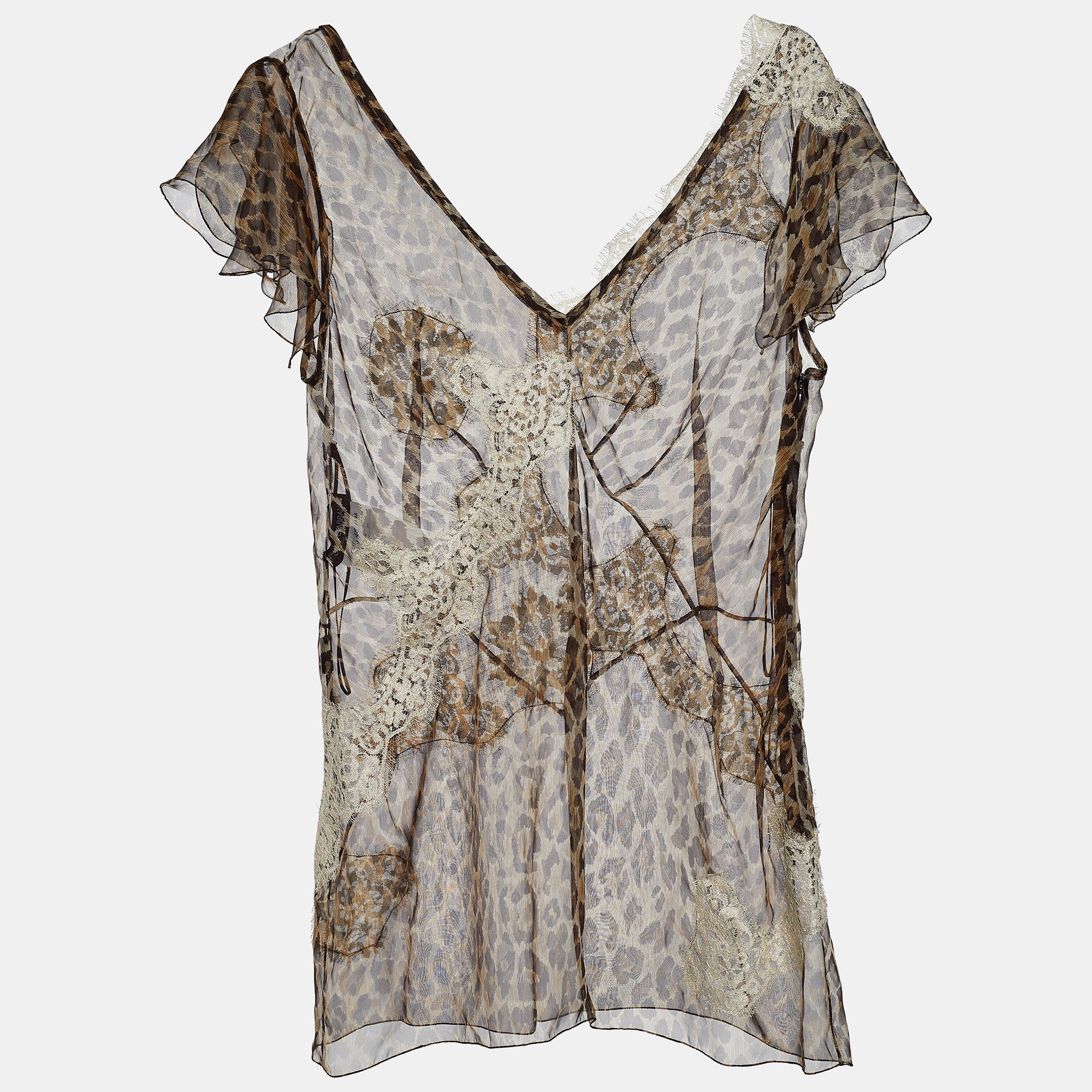 

Dolce & Gabbana Brown Animal Print Silk Lace Trim Sheer Top