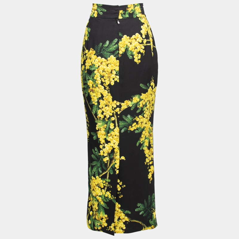 

Dolce & Gabbana Black & Yellow Floral Acacia Print Crepe Midi Skirt