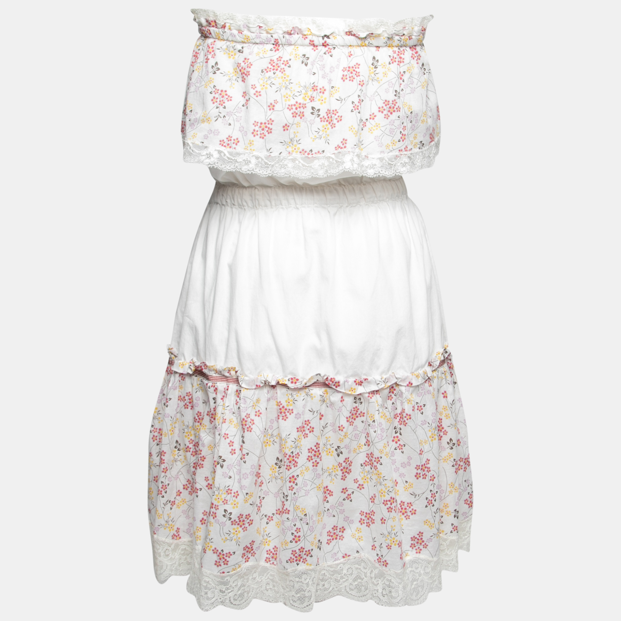 

D&G White Floral Printed Cotton Ruffled Off Shoulder Dress