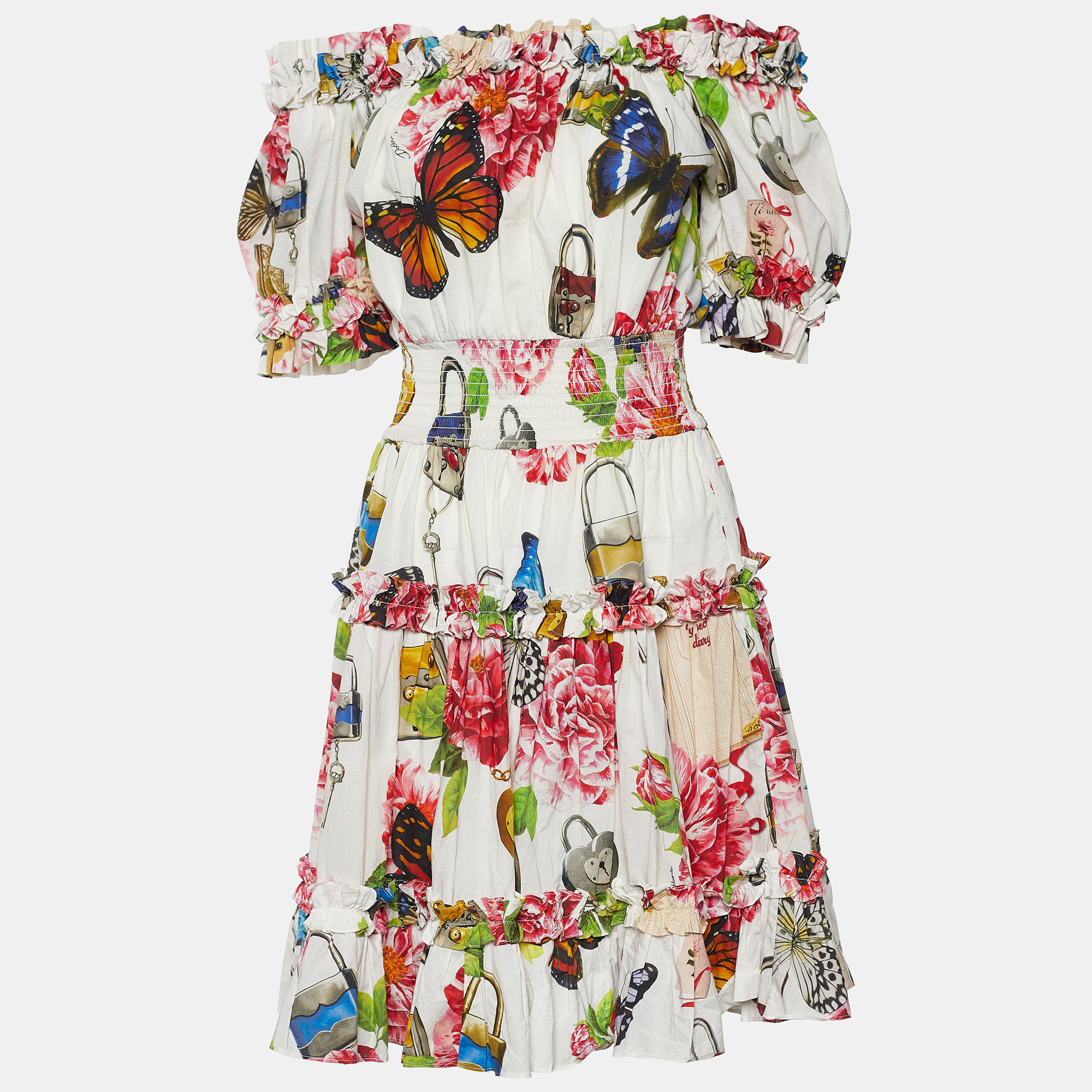 

Dolce & Gabbana White Padlock & Garden Print Cotton Ruched Midi Dress