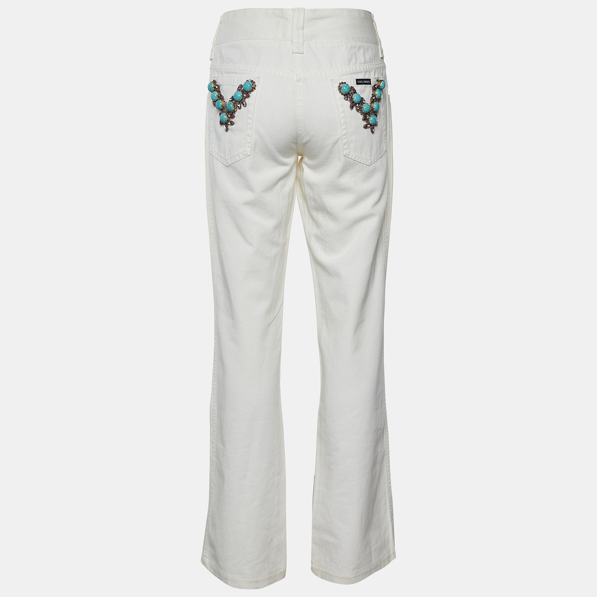 

Dolce & Gabbana Cream Denim Pocket Embellished Boot Cut Jeans /Waist 32