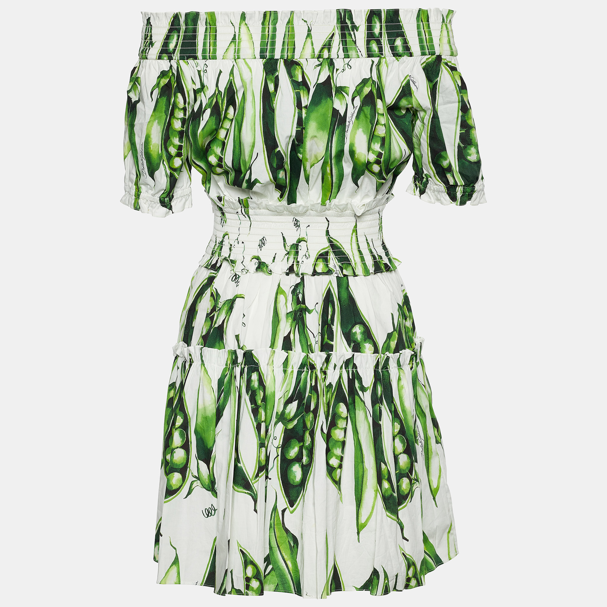 

Dolce & Gabbana Green Pea Print Cotton Smocked Off-The-Shoulder Dress