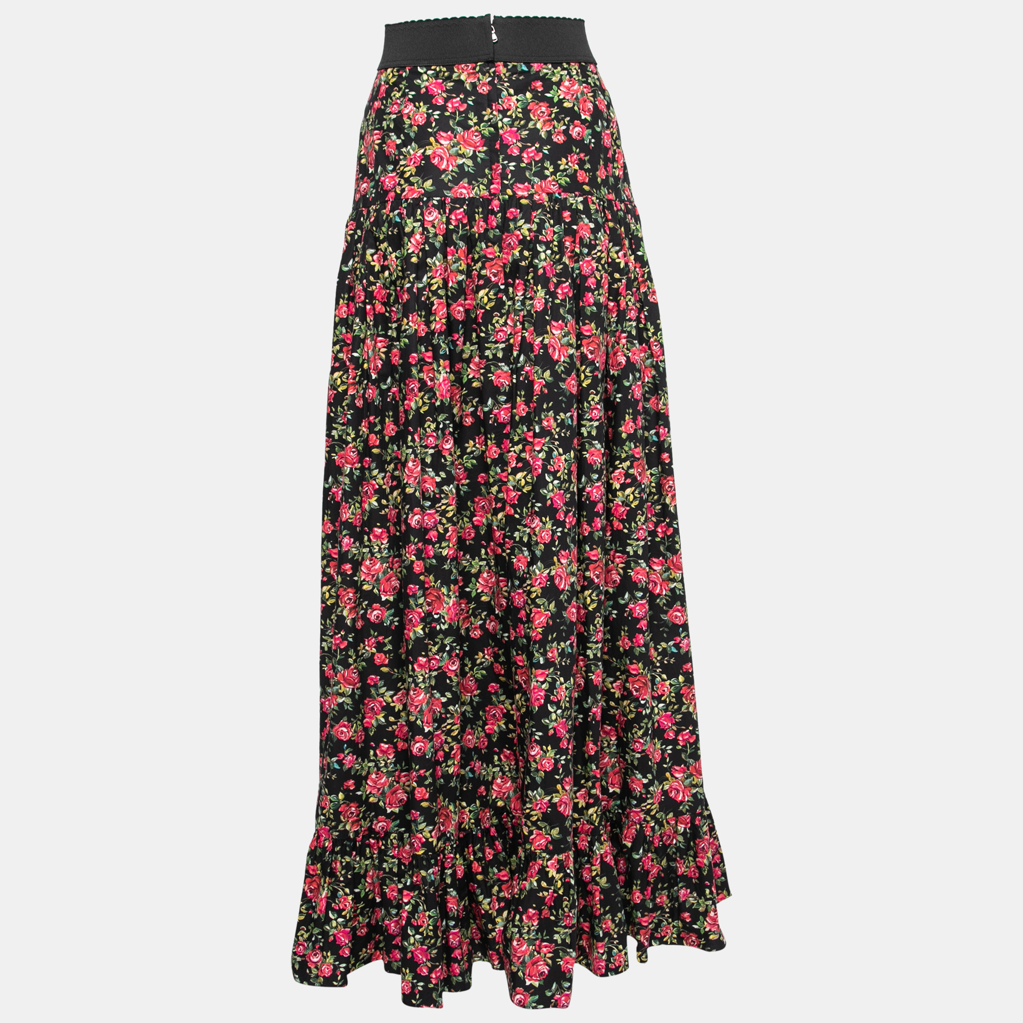 

Dolce & Gabbana Black Rose Printed Cotton Ruffle Hem Maxi Skirt