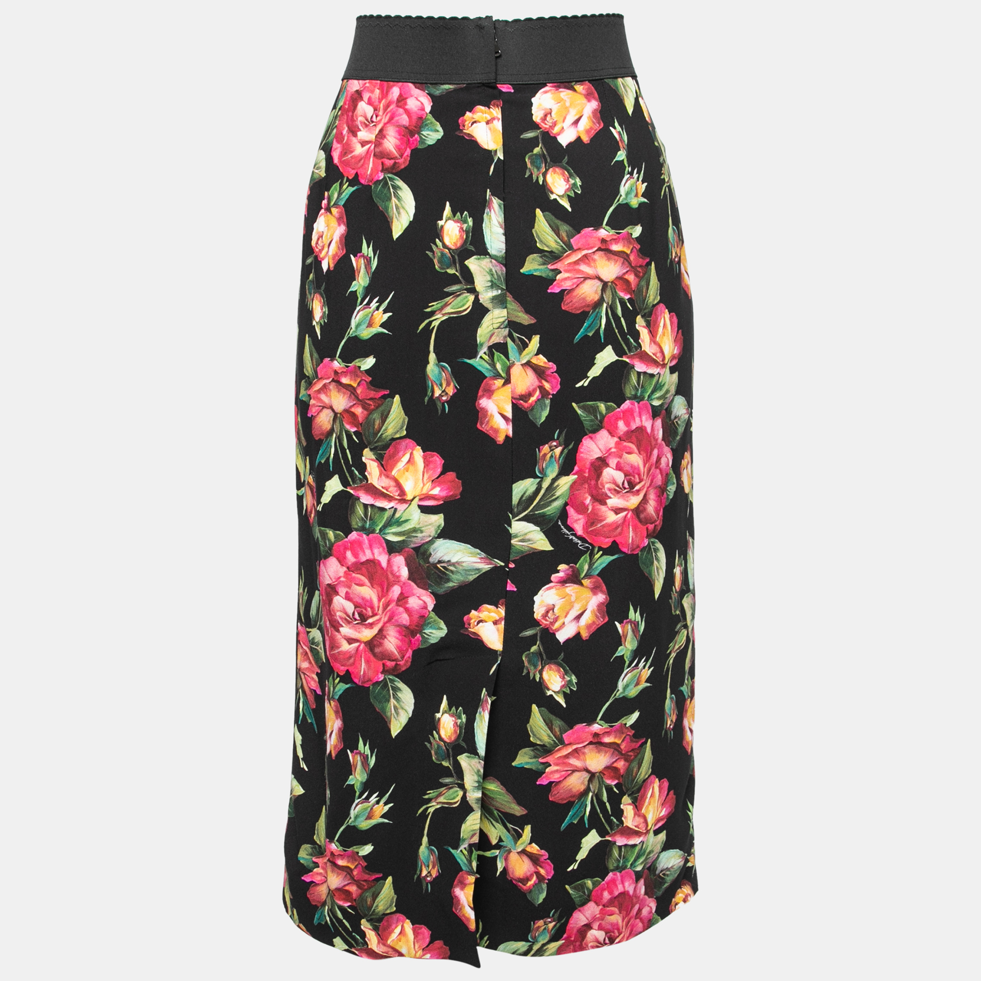 

Dolce & Gabbana Black Rose Printed Crepe Midi Skirt