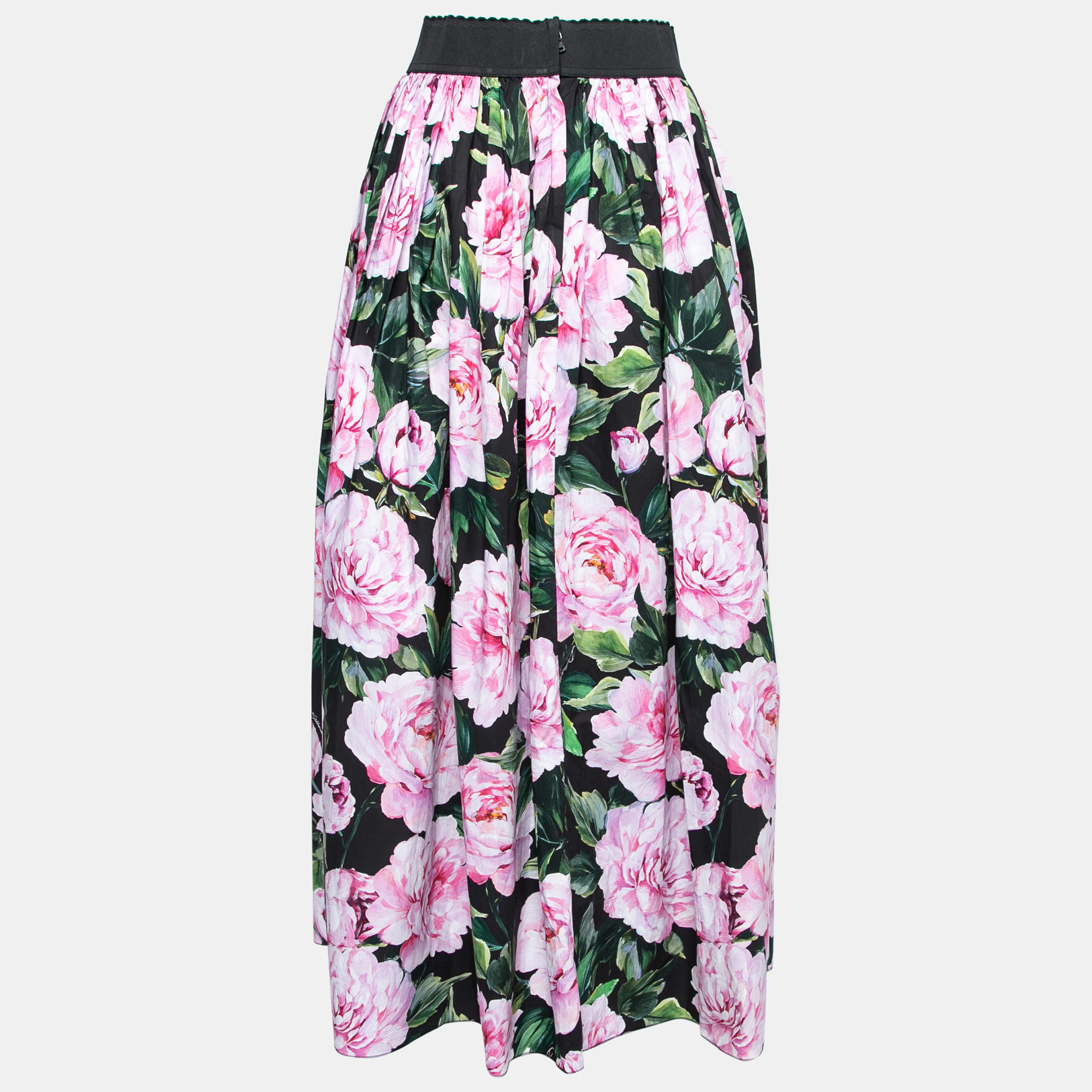 

Dolce & Gabbana Black & Pink Floral Printed Poplin Maxi Skirt