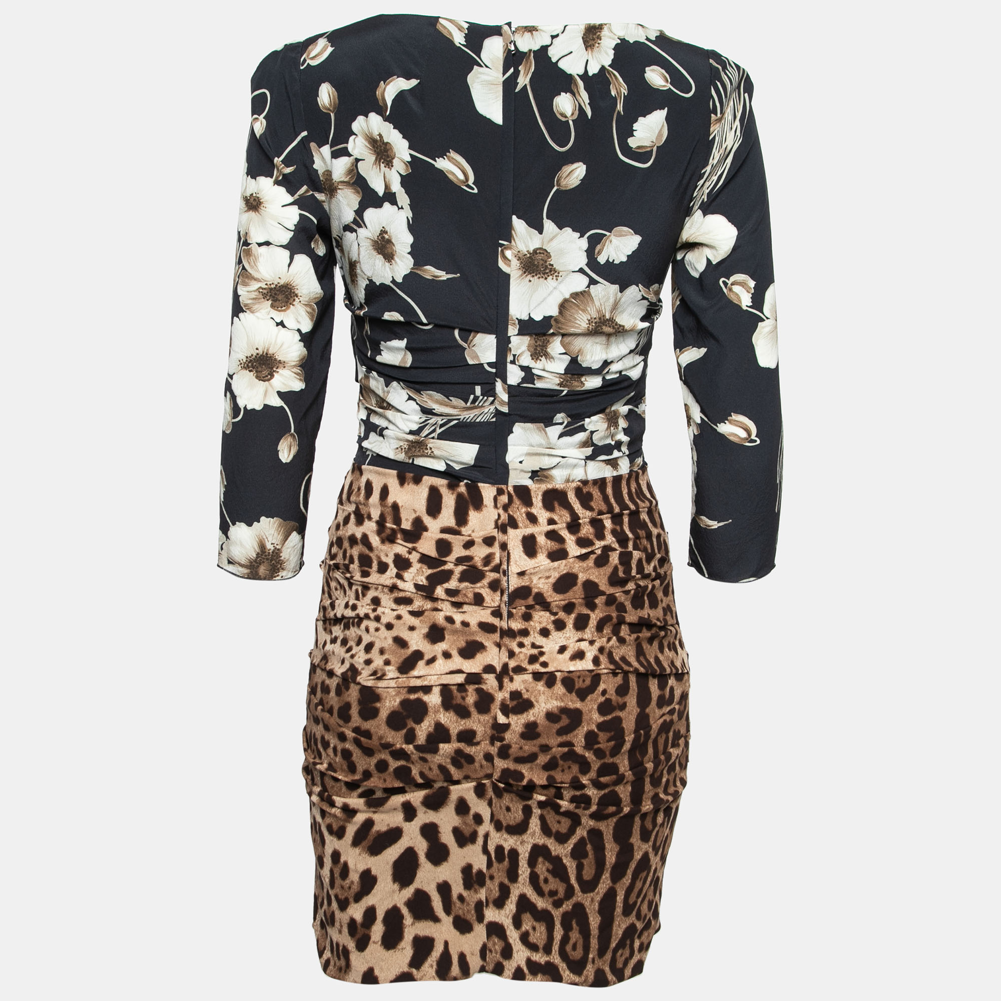 

Dolce & Gabbana Brown Mixed Print Silk Ruched Dress