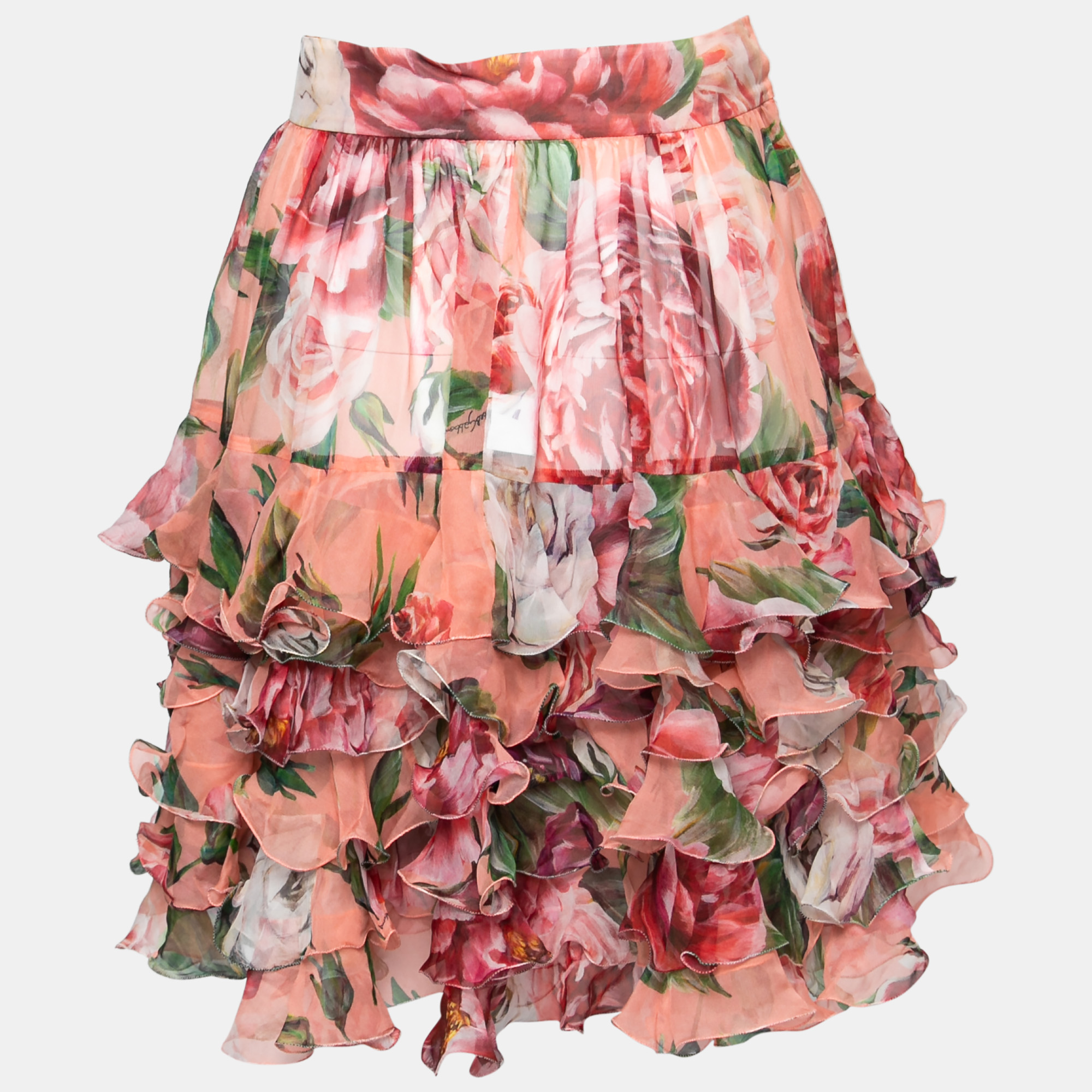 

Dolce & Gabbana Pink Floral Printed Silk Tiered Ruffled Skirt