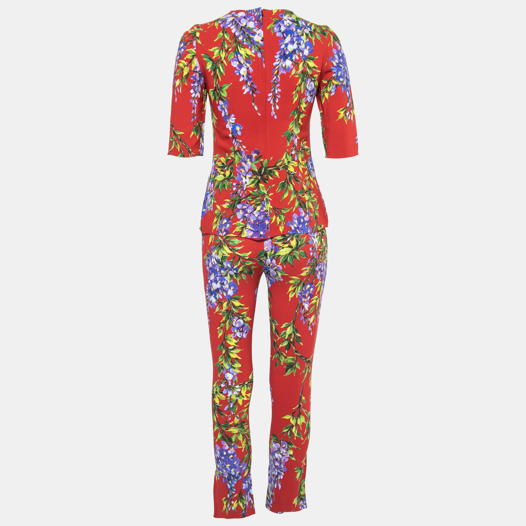 

Dolce & Gabbana Red Floral Printed Crepe Top & Slim Fit Pant Set