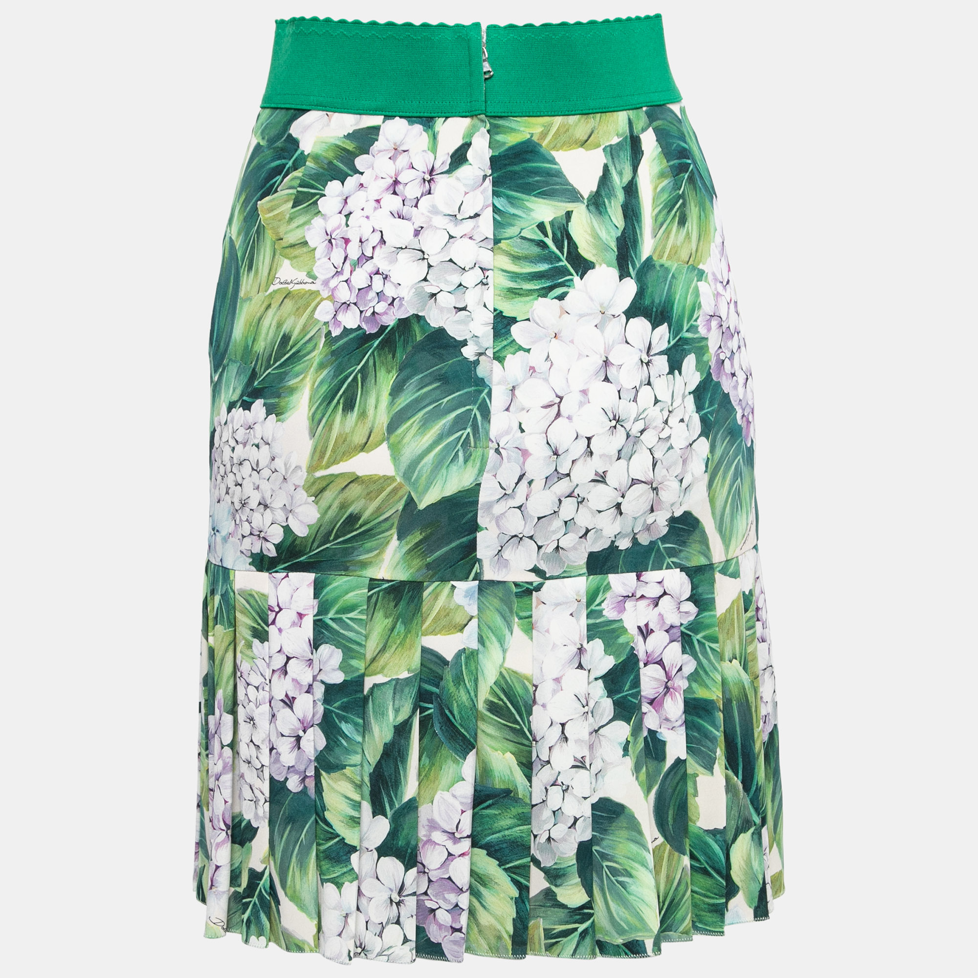 

Dolce & Gabbana Green Hydrangea Printed Silk Crepe Pleated Hem Skirt, Grey