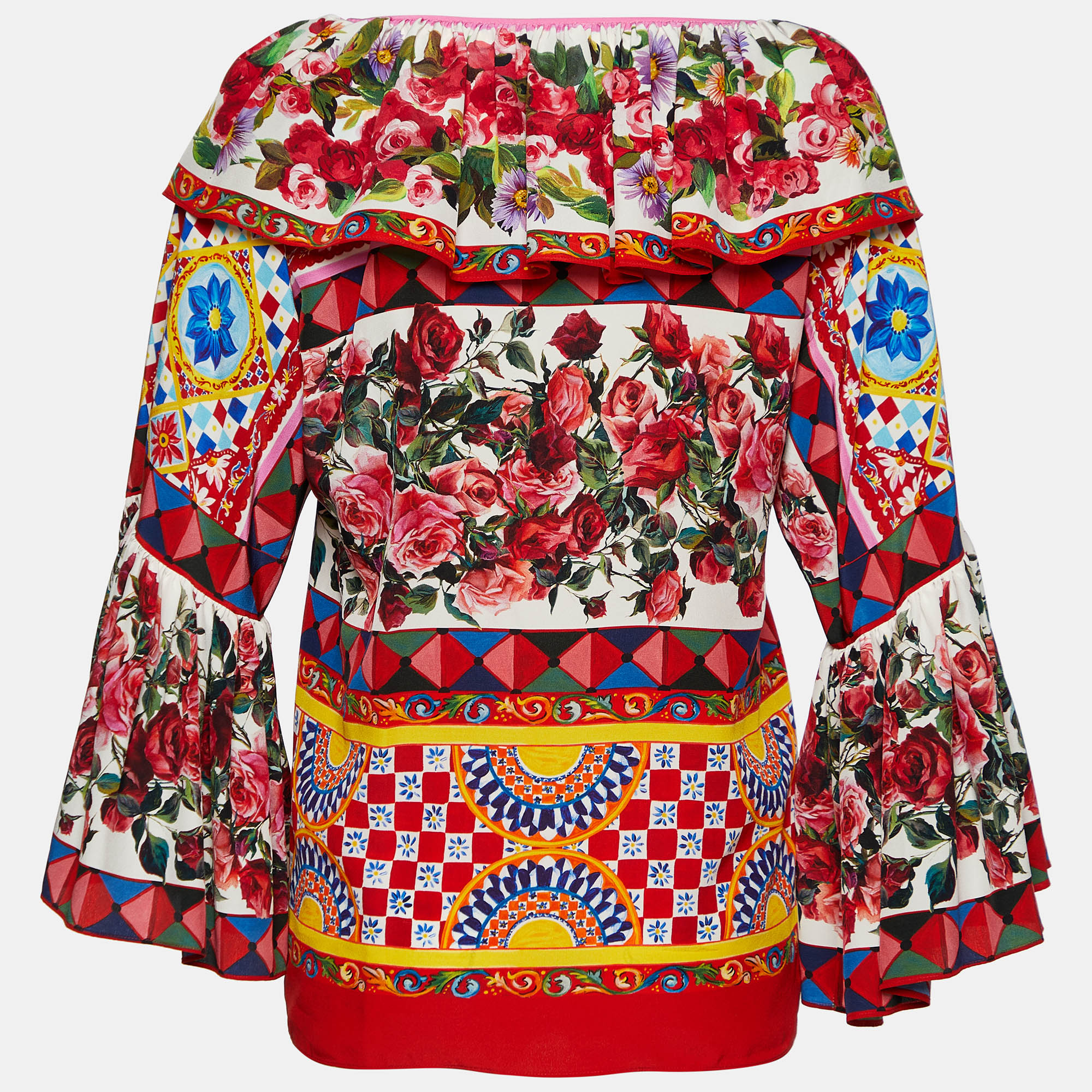 

Dolce & Gabbana Multicolor Mambo Print Silk Ruffled Blouse