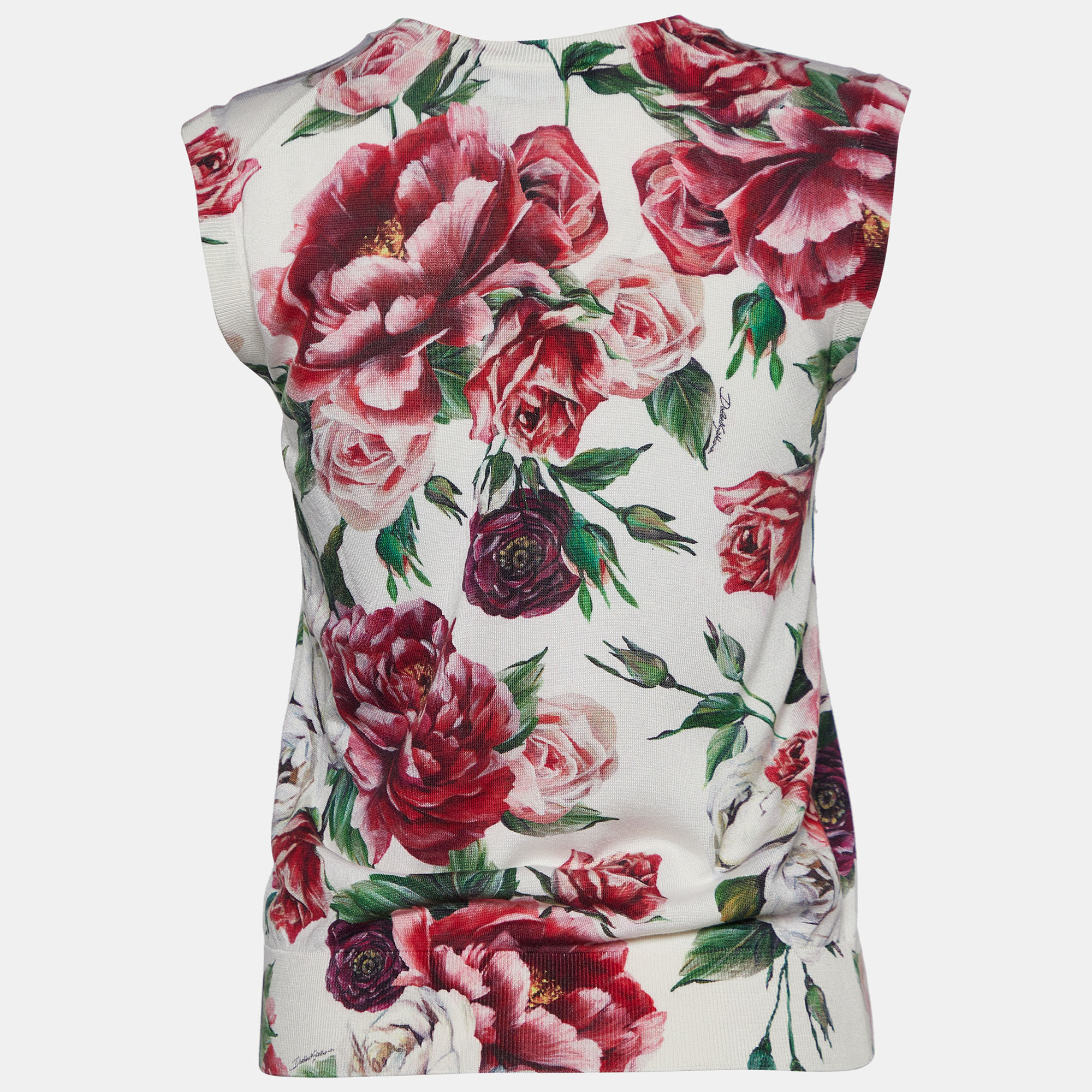 

Dolce & Gabbana White Floral Print Silk Knit Lace Trim Top