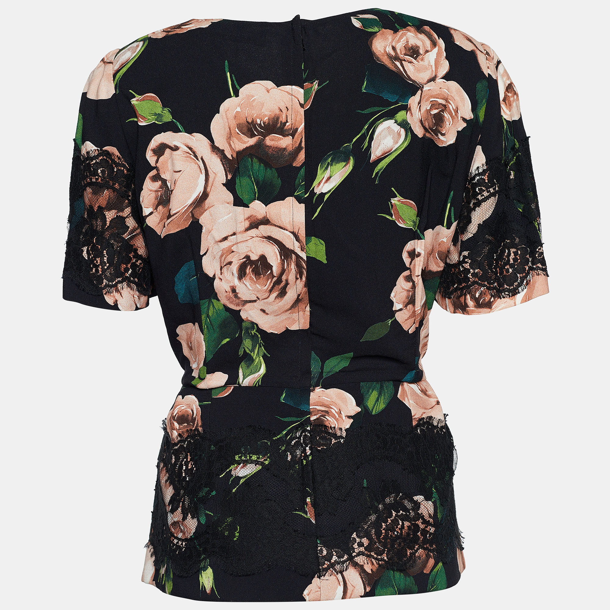 

Dolce & Gabbana Black Floral Printed Crepe & Lace Top