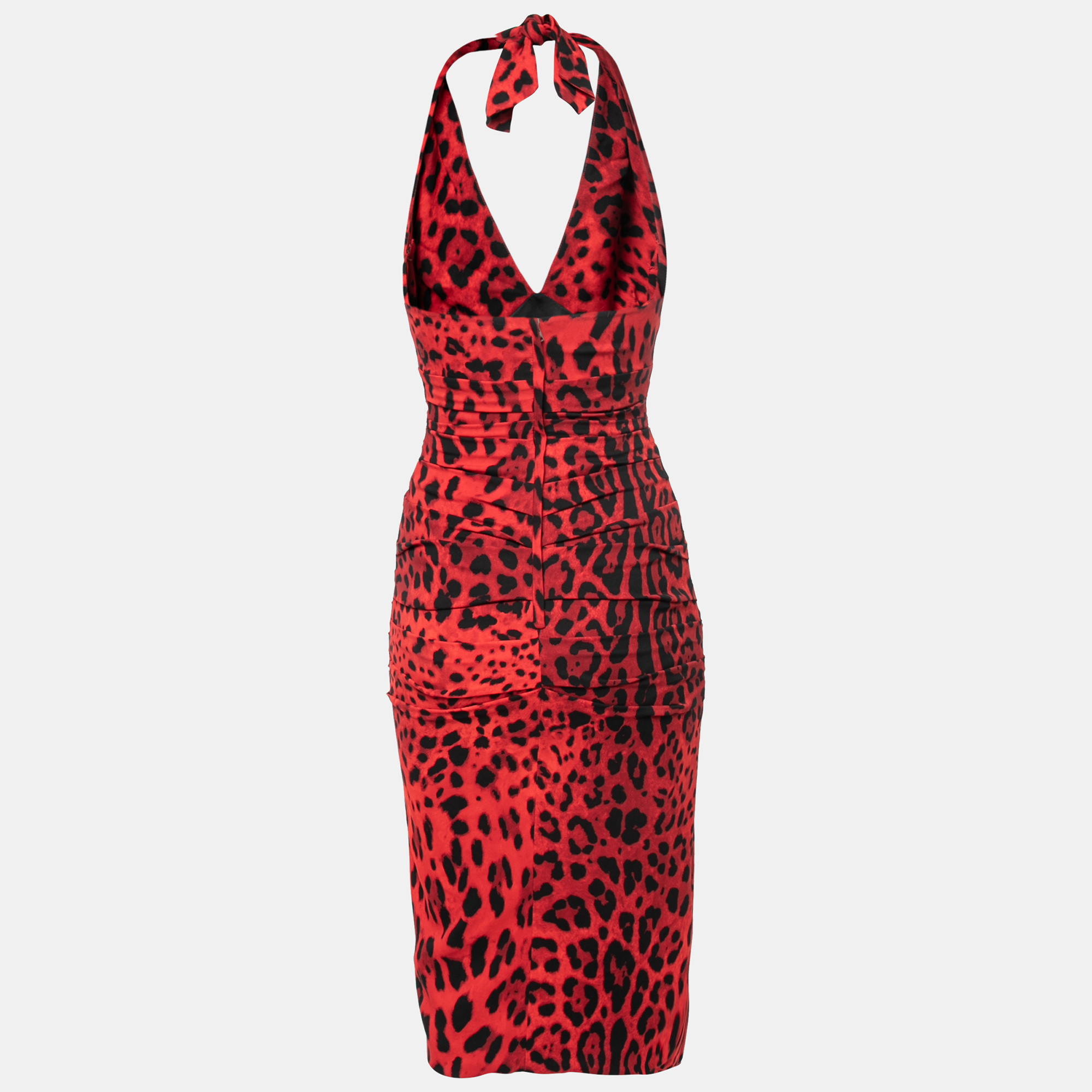 

Dolce & Gabbana Red Animal Print Crepe Draped Halter Dress