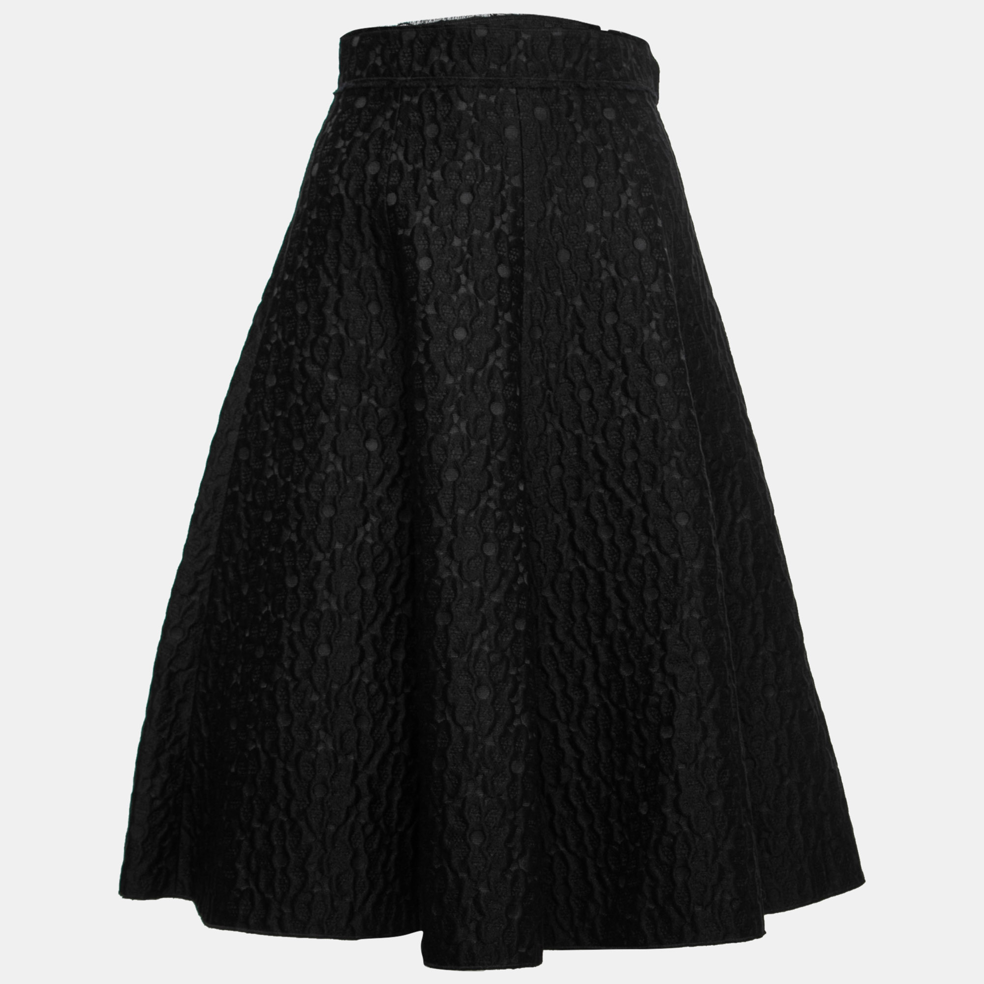 Pre-owned Dolce & Gabbana Black Floral Textured Wool Flared Midi Skirt S