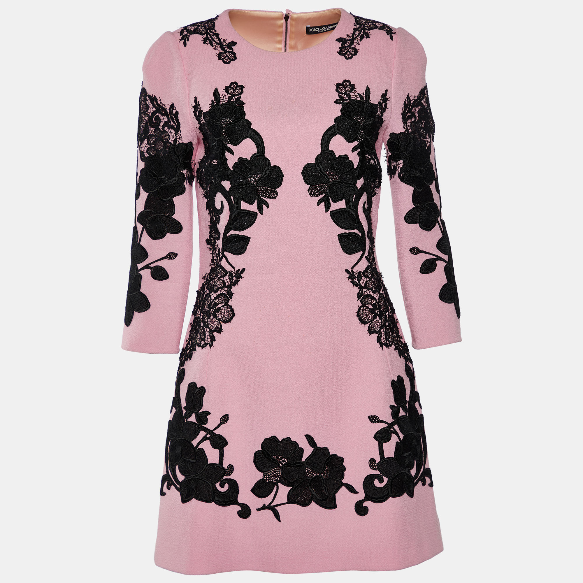 Pre Owned Dolce & Gabbana Pink Wool Floral Applique Sheath Dress M